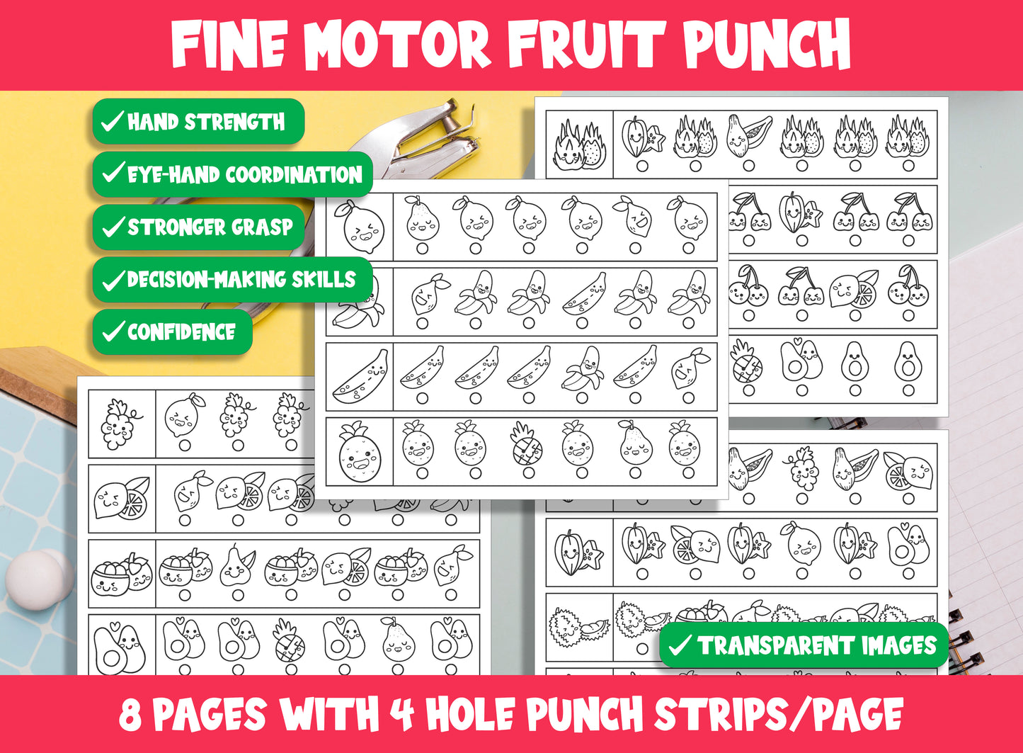 Fine Motor Fruit Punch, Kids Hole Punch Activities for Task Boxes & Tubs, 8 Pages, 4 Strips/Page, PDF File, Instant Download.