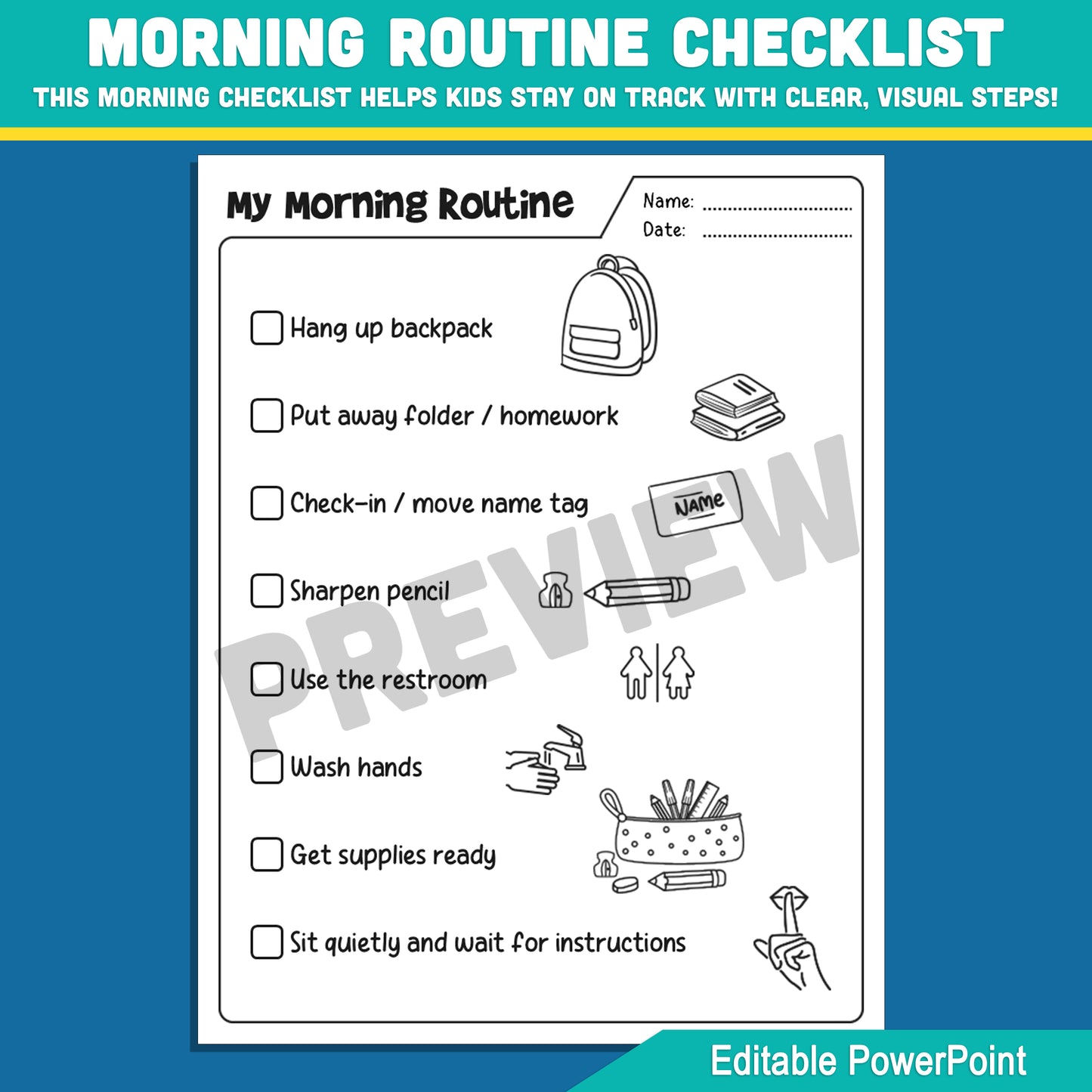 Editable Morning and Afternoon Routine Checklist – Custom Task Charts for Individual Students, PowerPoint, Visual Daily Organizer, 2 Pages
