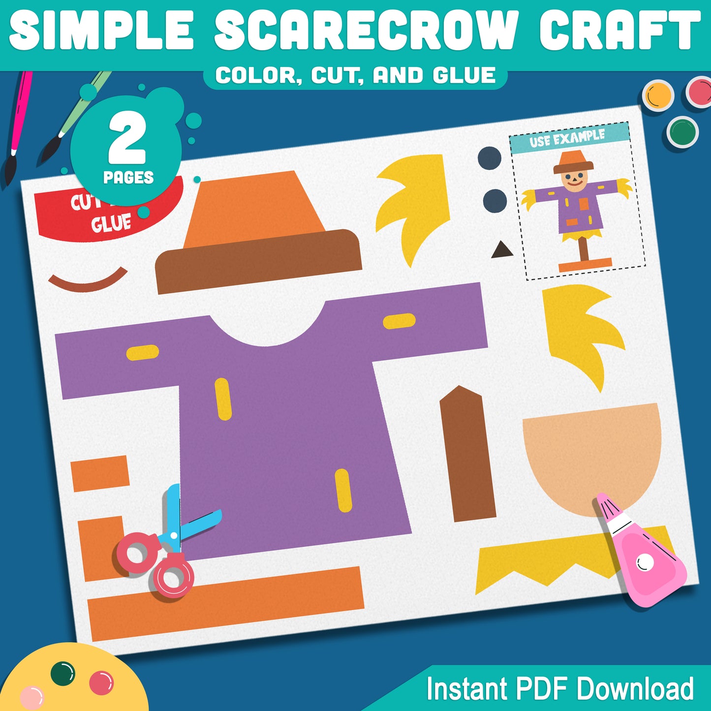 Simple Scarecrow Craft for Preschool, Pre-K, Kindergarten, Easy Color Cut and Glue Fall Activity, Pre-Colored + Black & White, Instant PDF Download