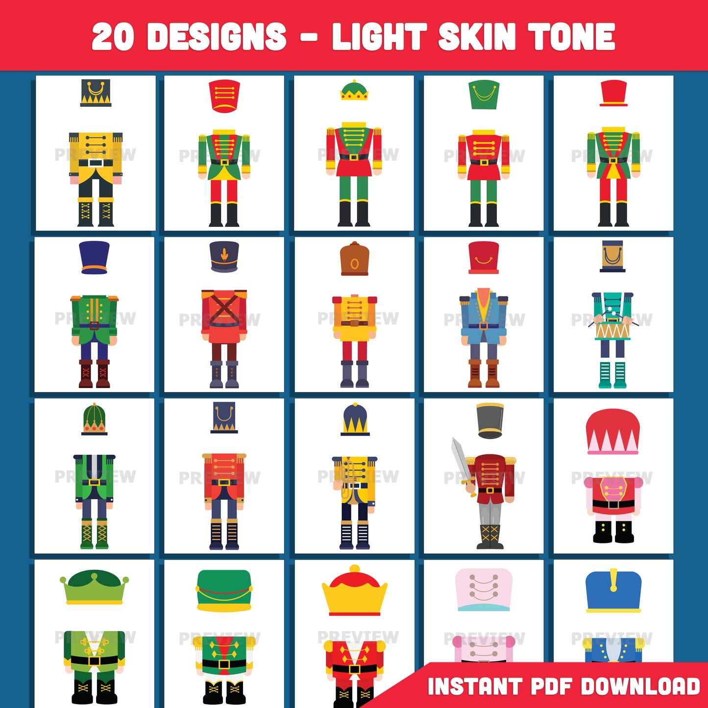 Printable Nutcracker Body Templates, 20 Fun Add Your Own Face Christmas Designs (Light + Dark Skin Tone), Classroom Holiday Craft PDF, 8.5"x11"