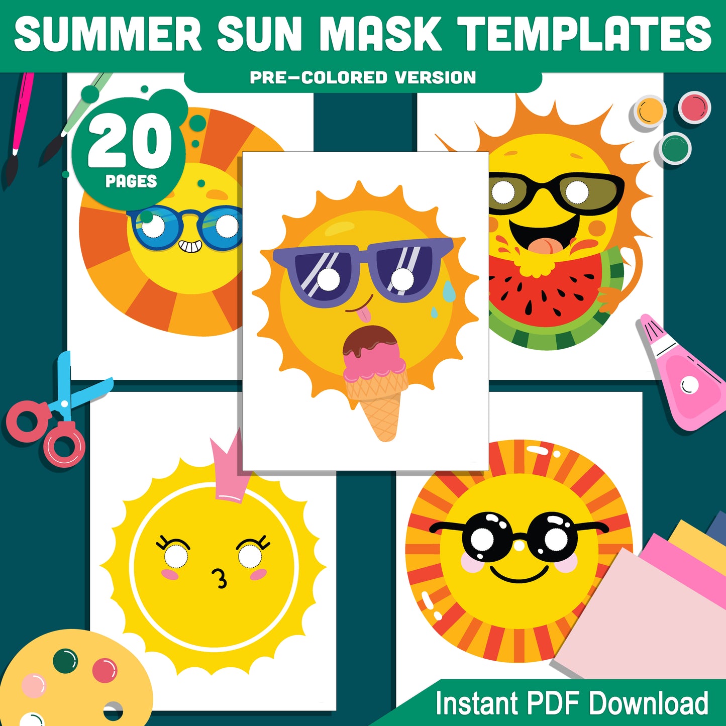 DIY Summer Sun Mask Templates: 20 Printable Pages, Pre-Colored + Black & White, Great for Kids' Crafts, Classroom, Dress-Up, and Party Fun