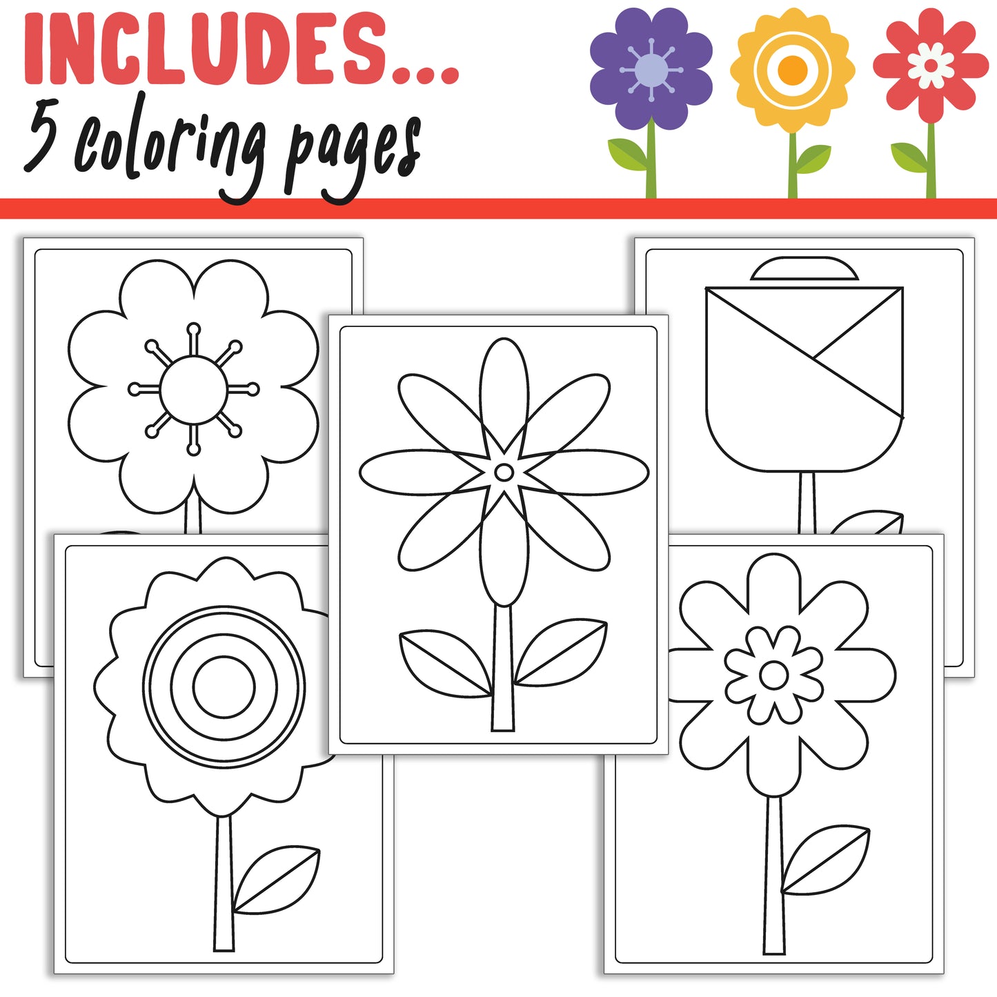 How To Draw Flowers, Directed Drawing Step by Step Tutorial, Includes 5 Coloring Pages, PDF File, Instant Download