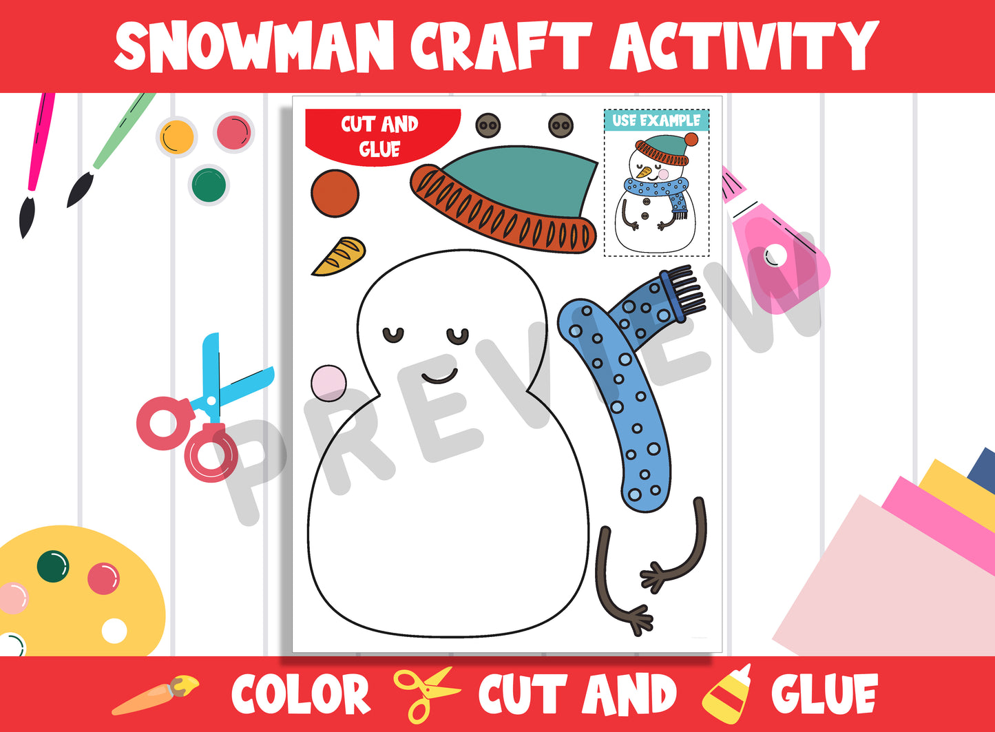 Simple Snowman & Christmas Craft Activity - Color, Cut, and Glue for PreK to 2nd