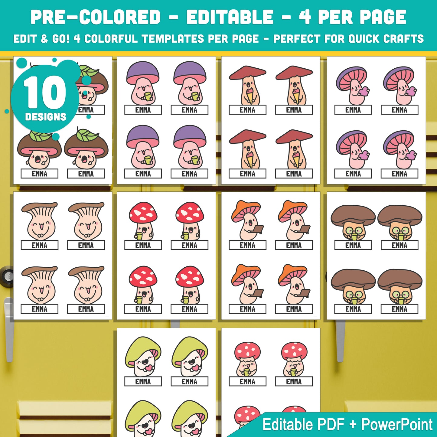 Cute Mushroom Themed Editable Locker Labels (Cubby Name Tags), PDF + PowerPoint, Back to School Name Tags, 4 per Page, 40 Pages
