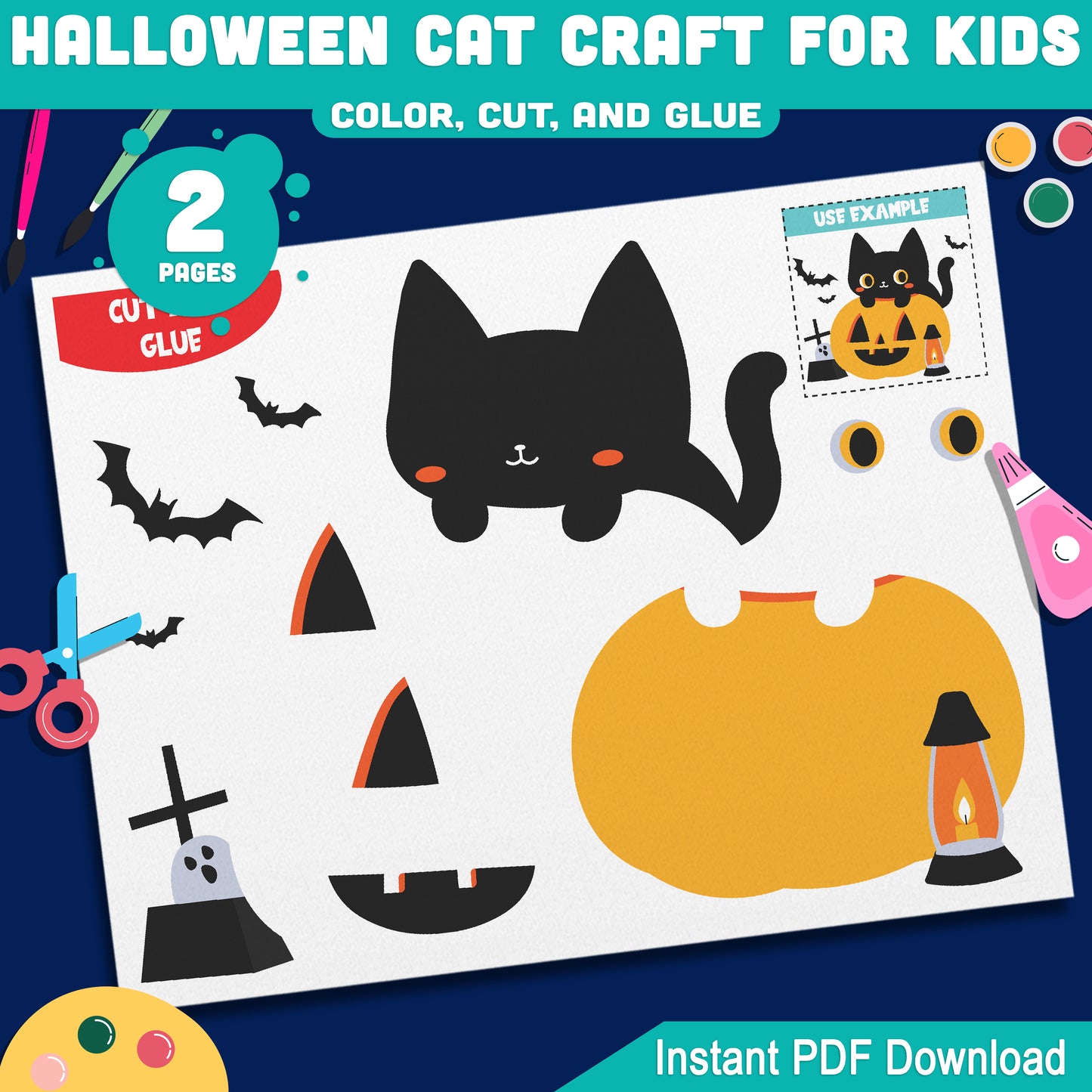 Fun Printable Halloween Cat Craft for Kids, Pre-Colored + Black & White, Simple Cut and Glue Activity for Classroom or Home October Projects