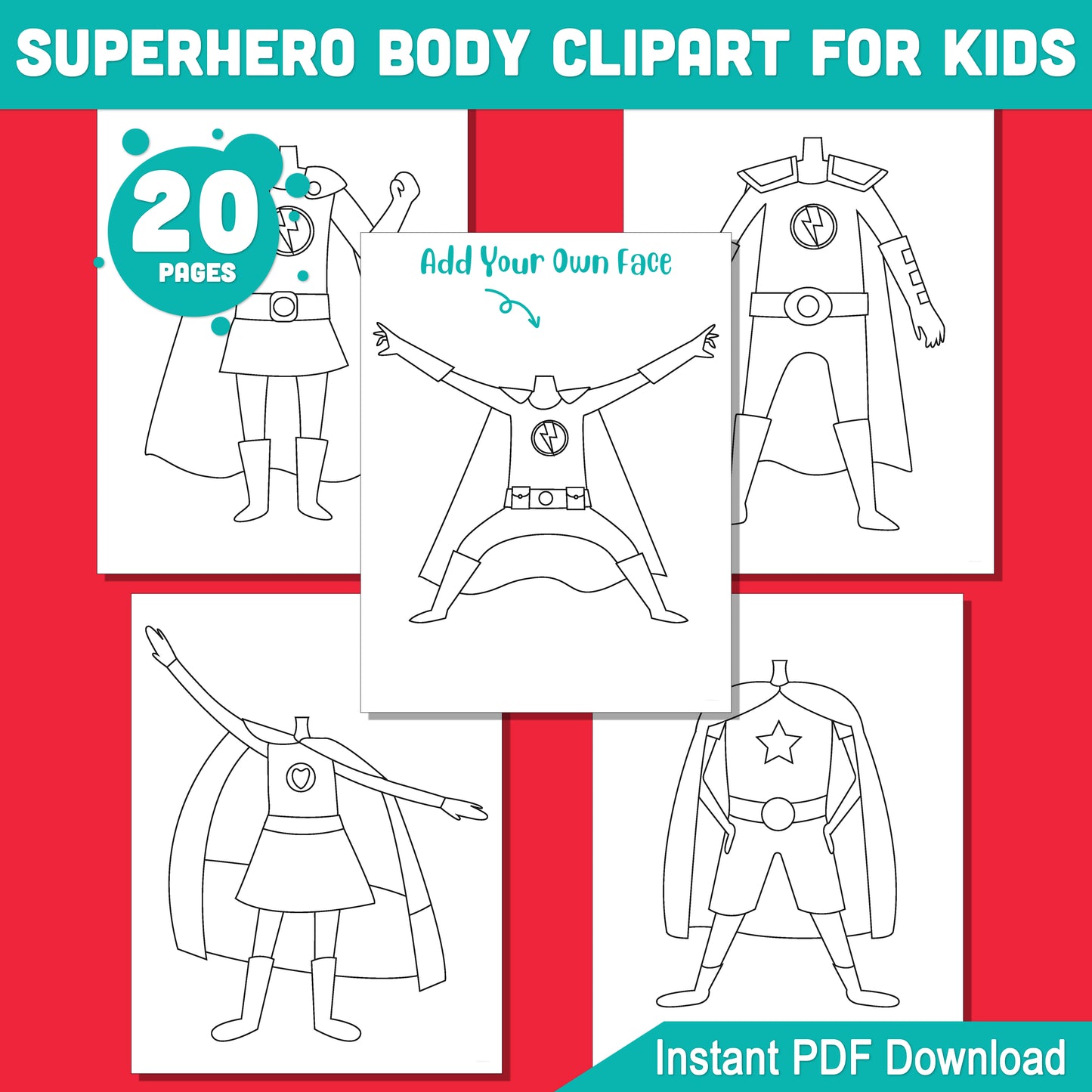 20 Superhero Body Coloring Pages, Fun Printable Activity for Kids to Insert Their Own Face, Perfect for School, Homeschool, or Parties, PDF