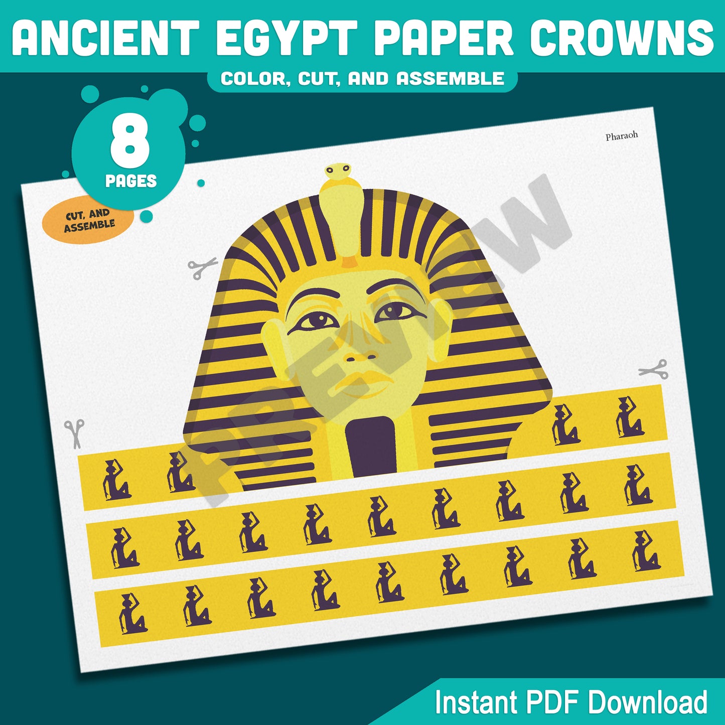 Ancient Egypt Crown Templates – Fun Printable Kids Craft with Pharaoh, Cleopatra, Anubis & Thoth Designs, Easy DIY Headbands, PDF Instant