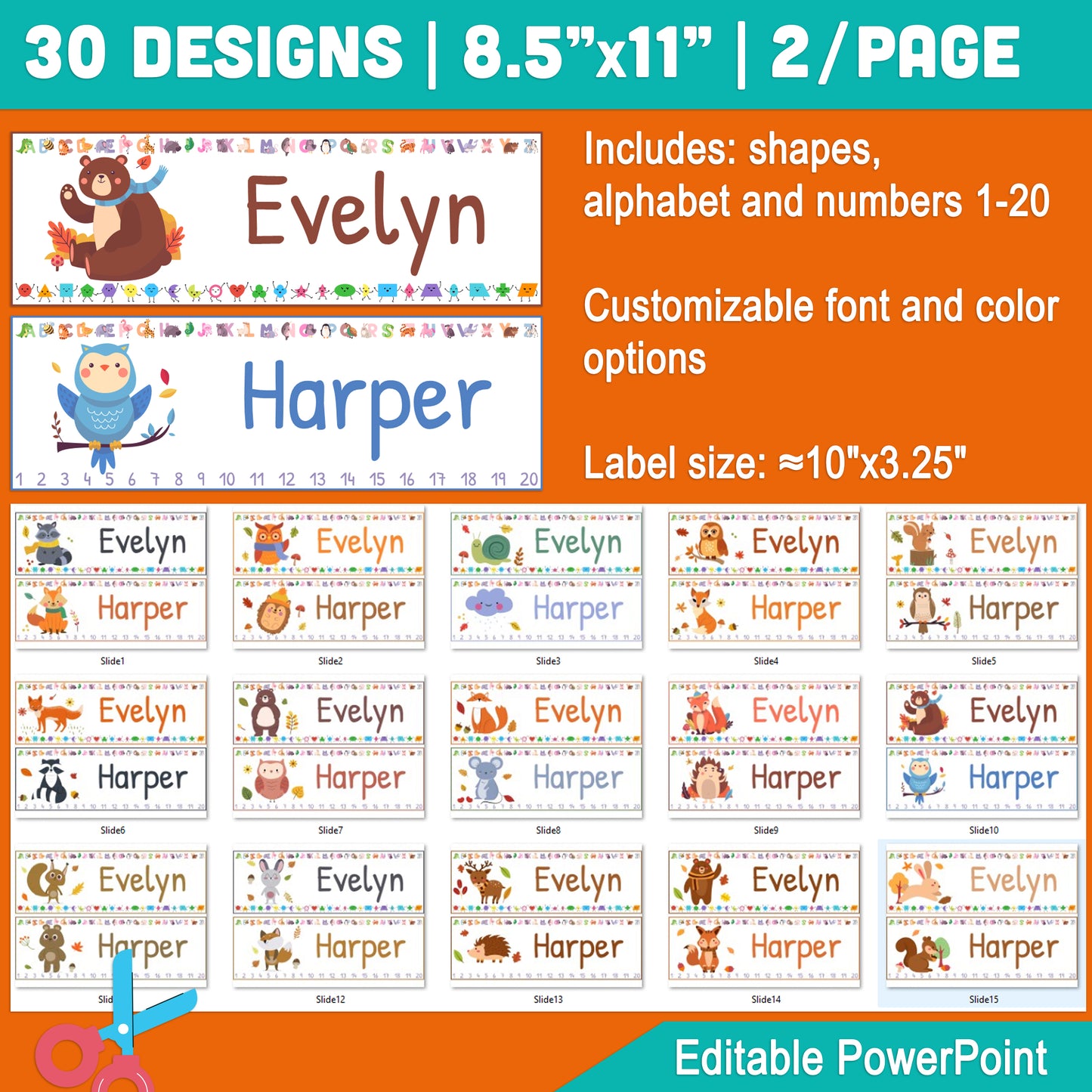 Autumn-Inspired Custom Name Plates for Students: 30 Fun Designs, 8.5"x11", 2 Per Page, 10"x3.25", Features Alphabet, Shapes, and Numbers 1-20