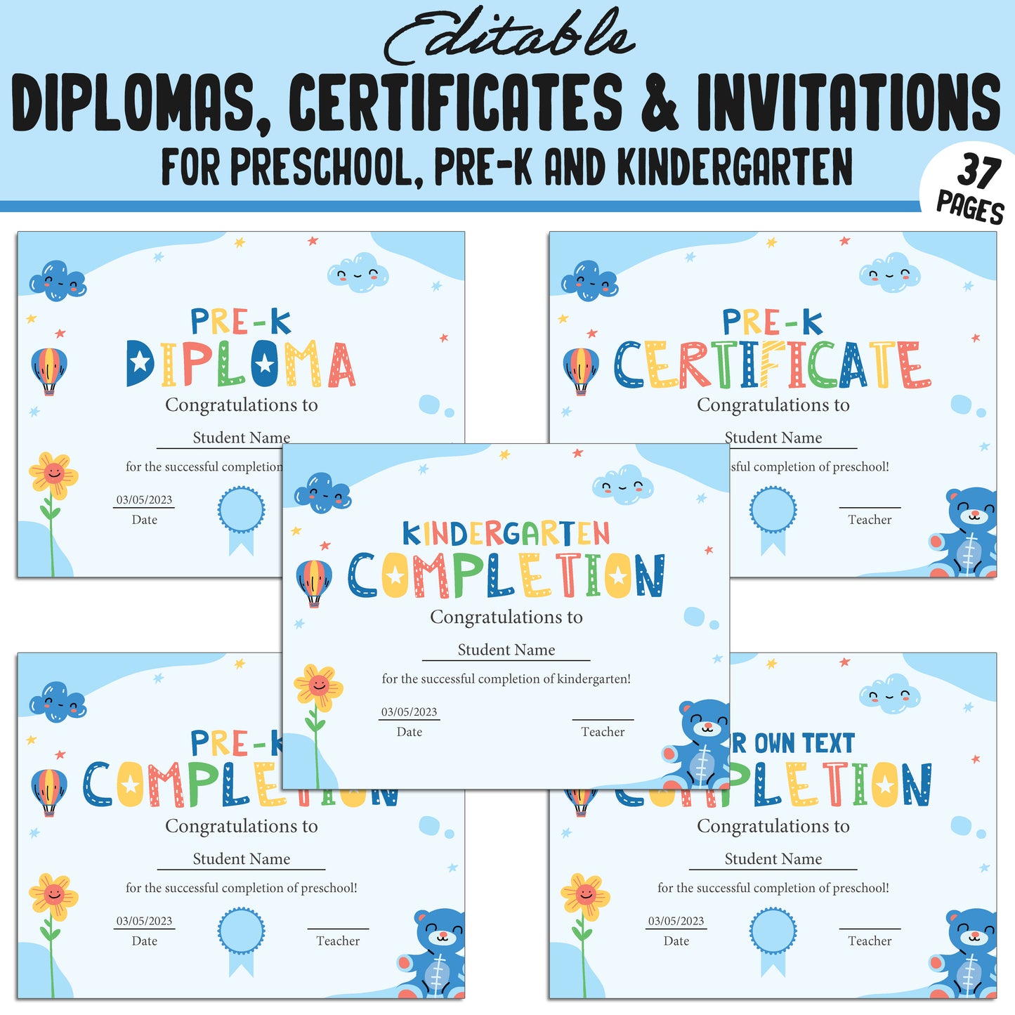 Preschool Diploma Template, PreK, Preschool, Kindergarten Diplomas, Certificates & Invitations β 37 Customizable PDF Pages, Instant Download