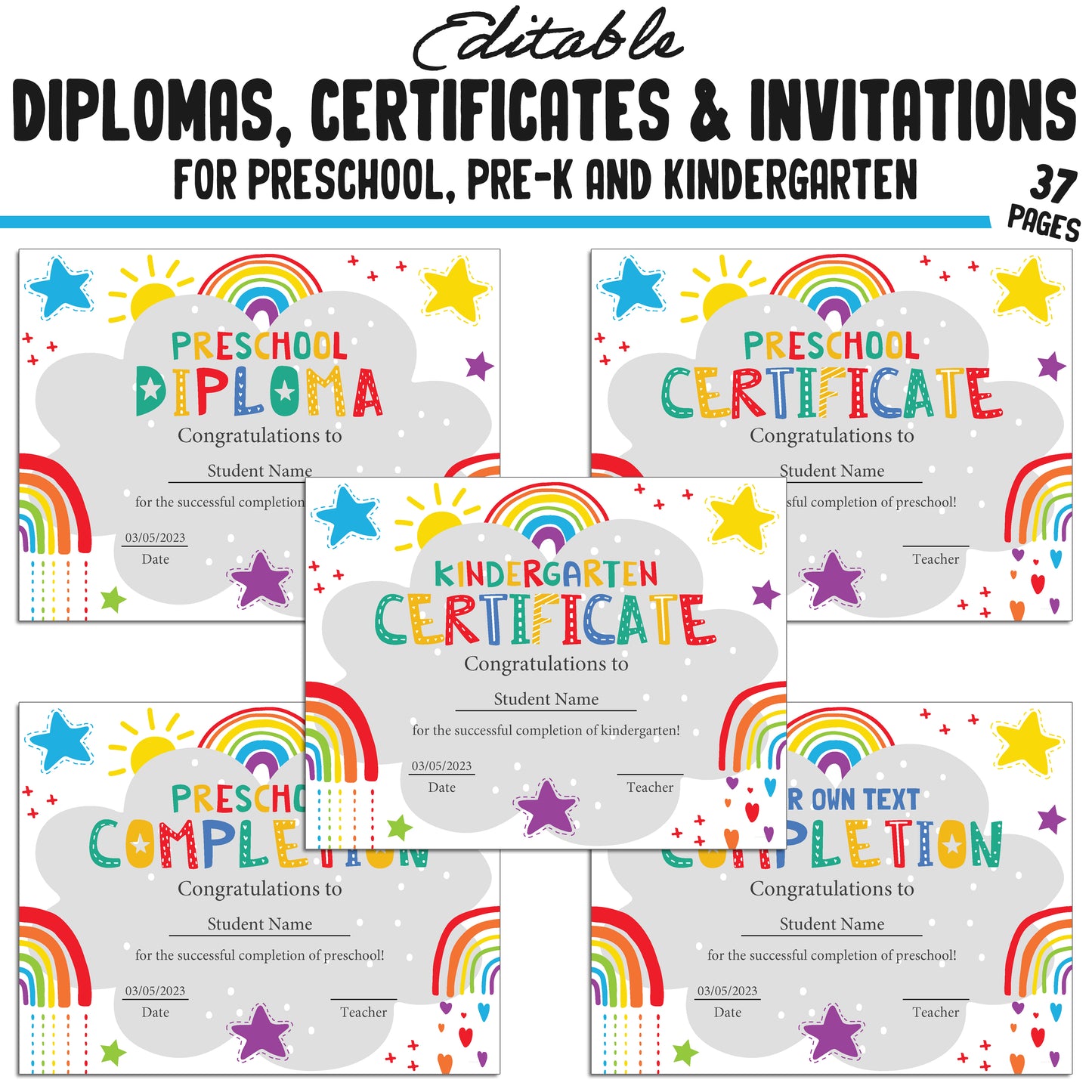 37 Editable Printable Pre-K, Kindergarten, and Preschool Diplomas, Certificates, and Invitation Templates (PDF File) - Instant Download