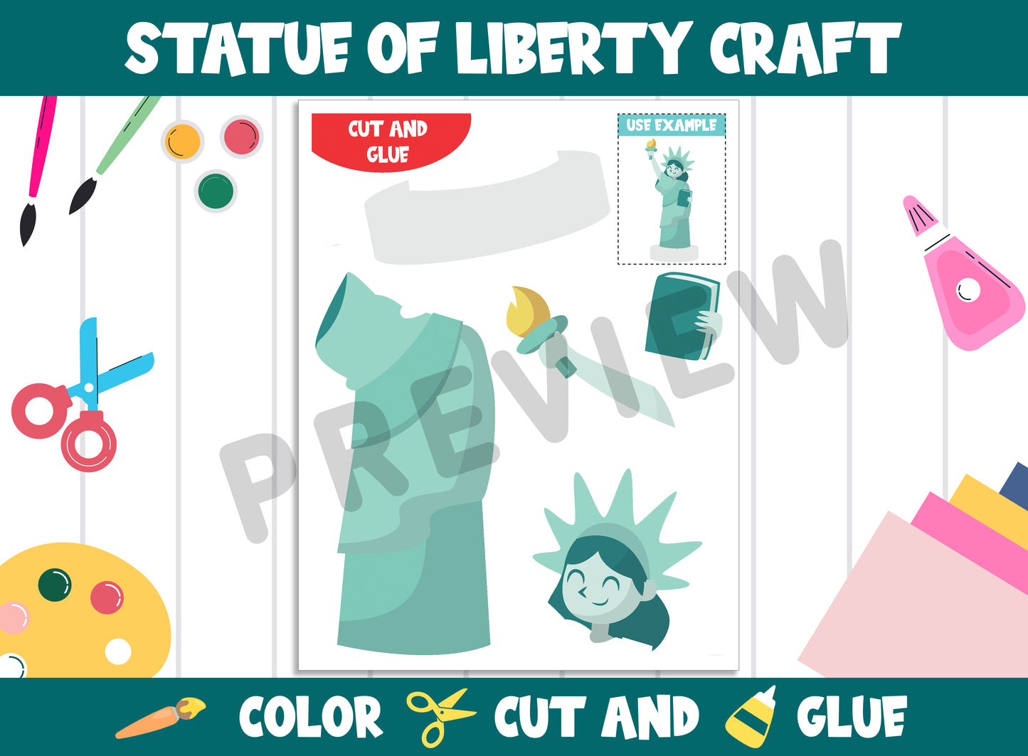 Statue of Liberty, Fourth of July Craft Activity - Color, Cut, and Glue for PreK to 2nd Grade, PDF File, Instant Download