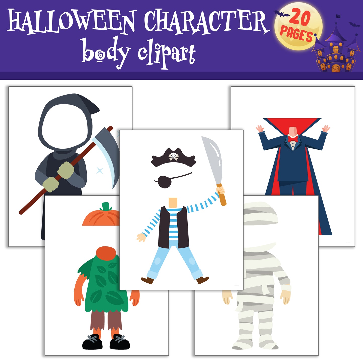 Spooky Halloween Character Body Clipart Set with Customizable Faces - 20 Pages, PDF, Instant Download for Kids (PreK to 6th Grade)