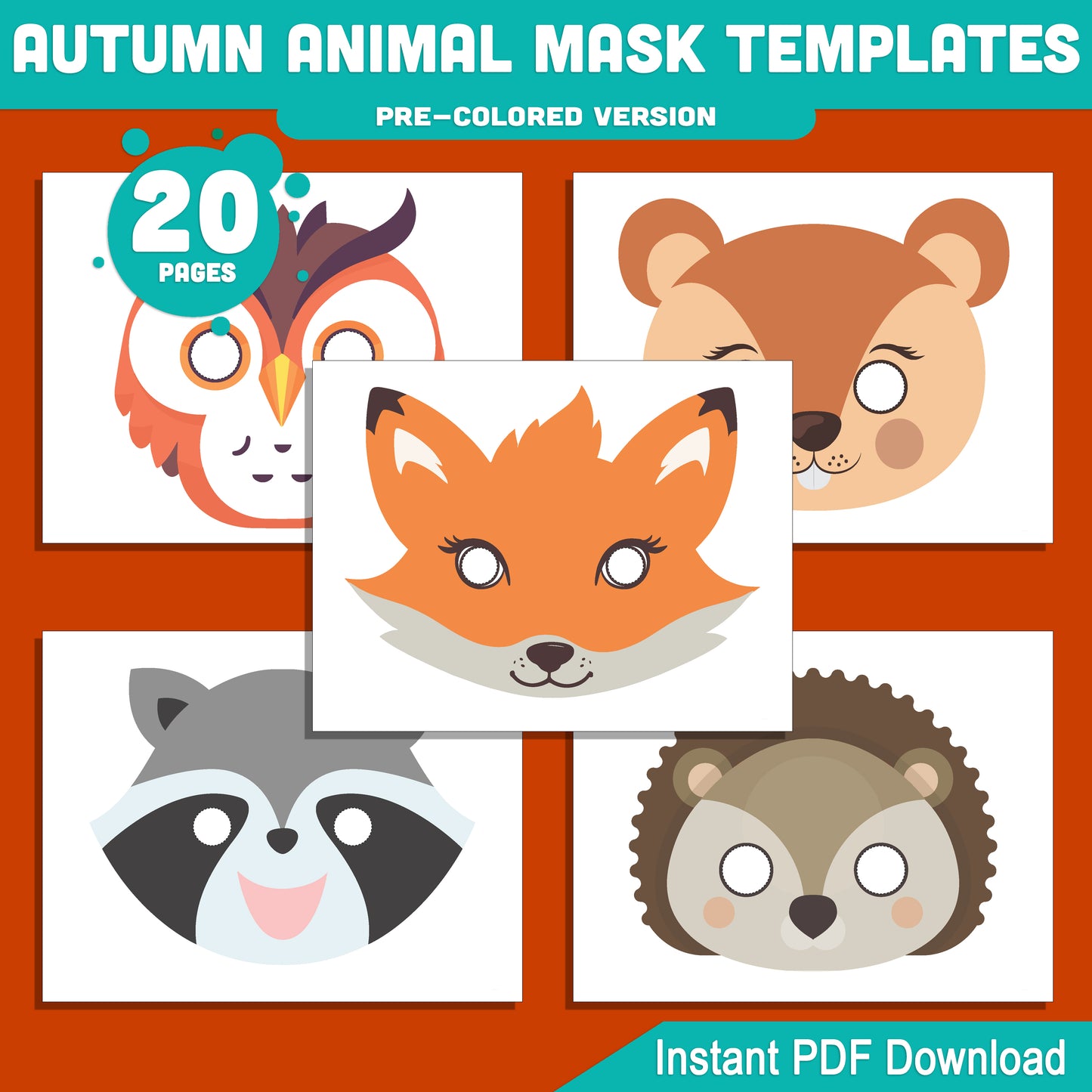 Autumn Animal Mask Templates for Kids: Fox, Owl, Raccoon, Bear & More, Fall-Themed Craft PDF, Pre-Colored + Black & White