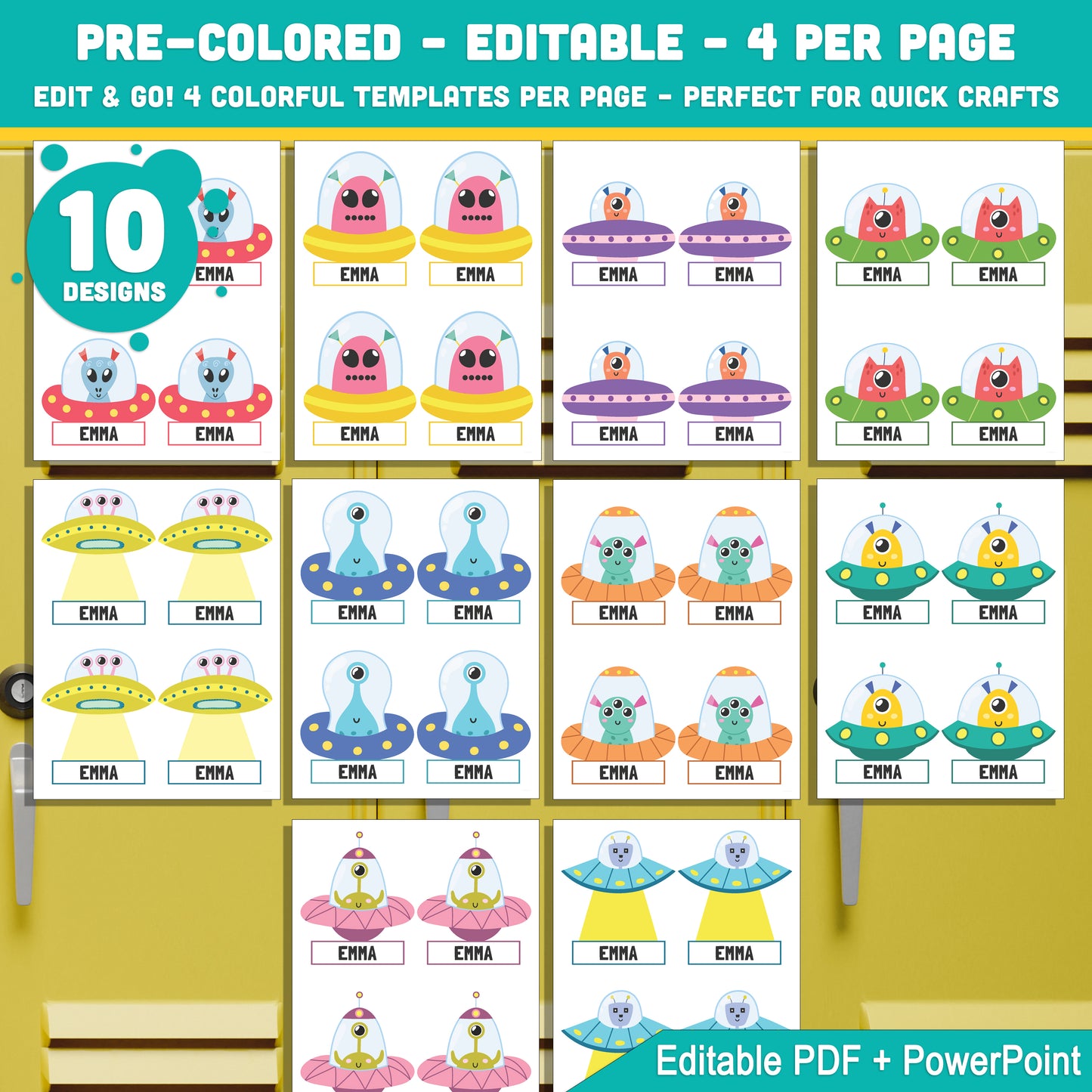 Editable Locker Labels (Cubby Name Tags), Cute Alien UFO Themed, 10 Designs, Classroom Name Tags, PDF + PowerPoint, Instant Download