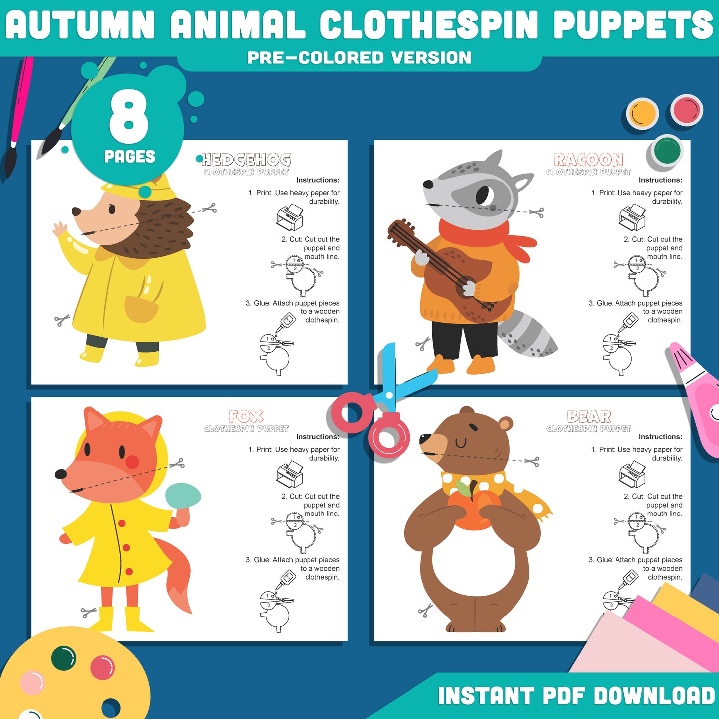Autumn Animal Clothespin Puppets for Kids: 8-Page Craft Activity Featuring Hedgehog, Bear, Raccoon, Fox, Pre-Colored and Black & White Printables
