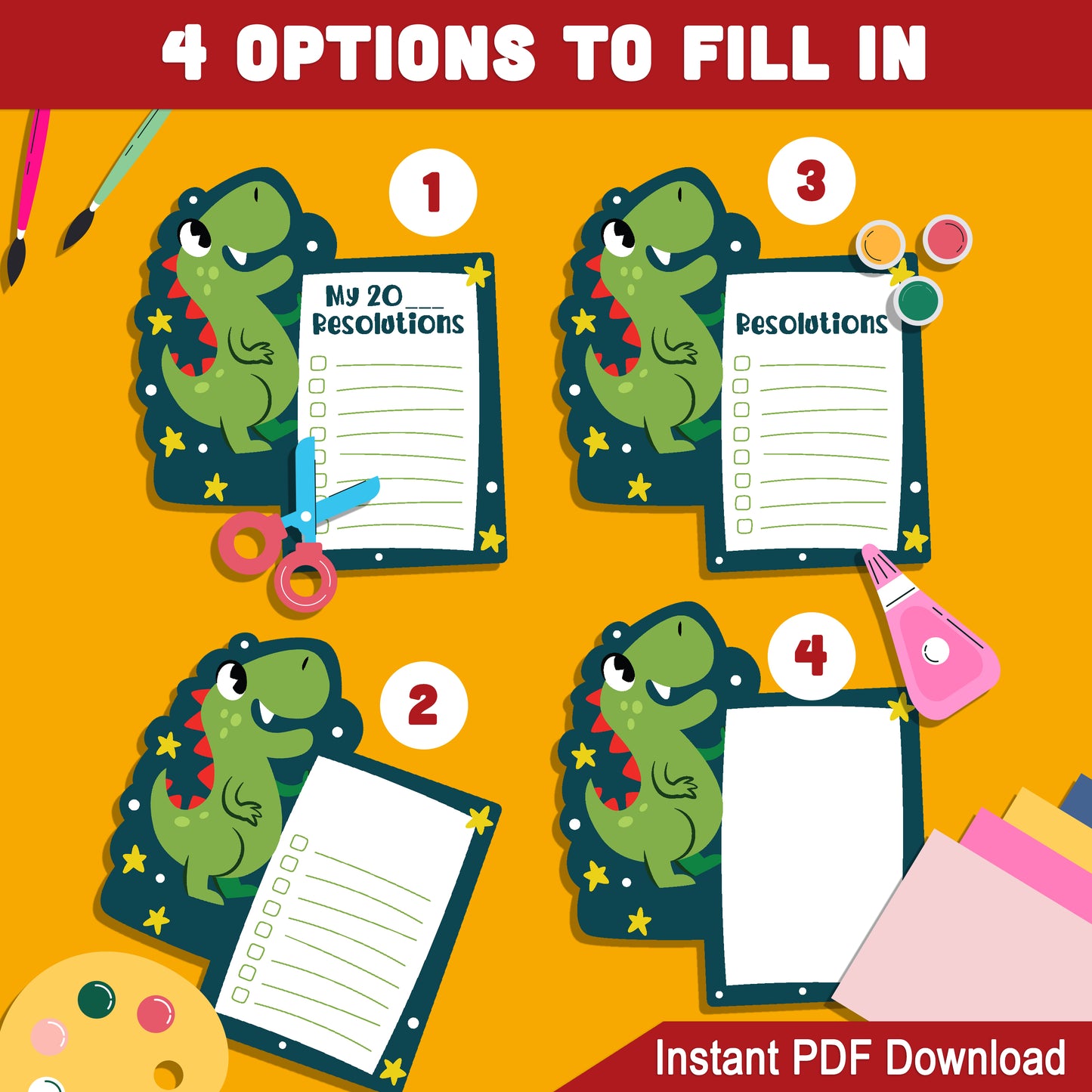 2025 Dinosaur-Themed New Year’s Resolution Worksheets: 4 Unique Designs with 4 Fill-In Options, 2 Per Page, Instant PDF for Fun Goal-Setting