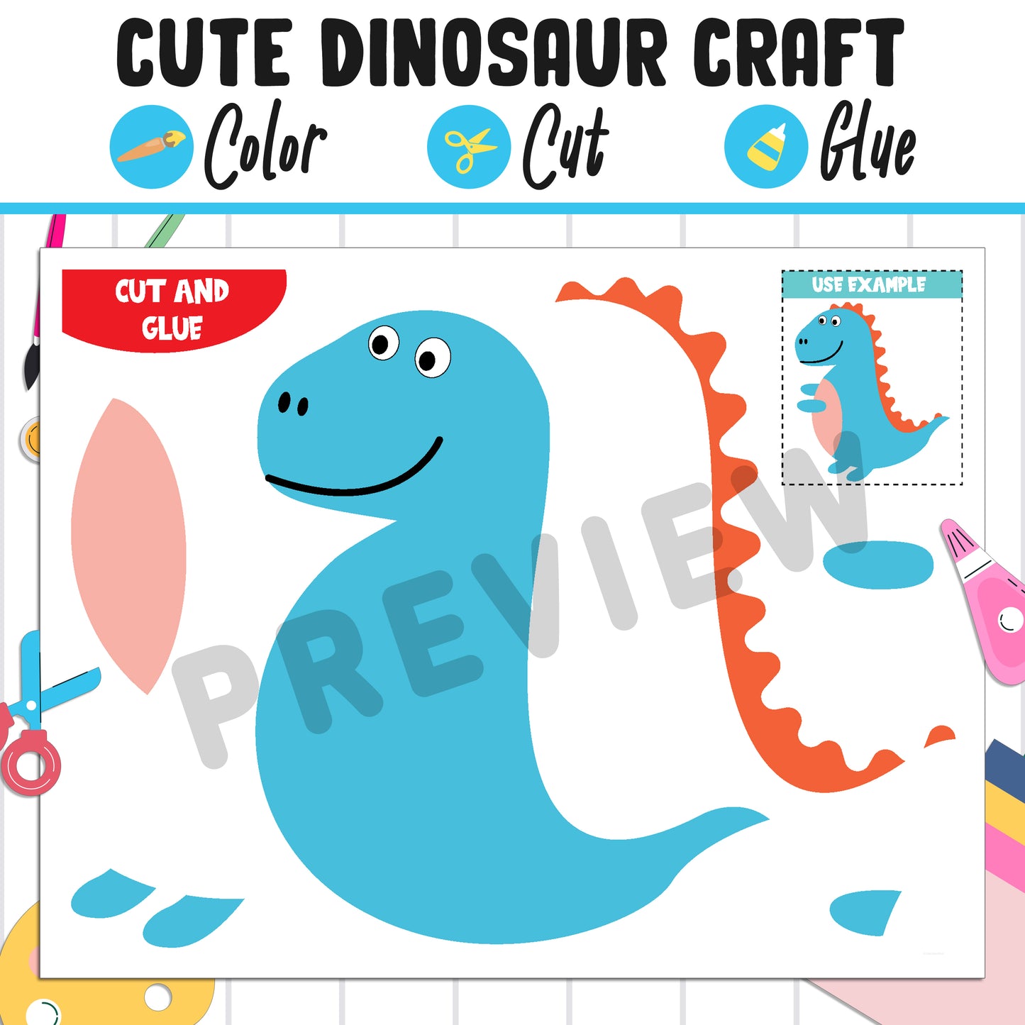 Easy and Cute Dinosaur Craft for Kids : Color, Cut, and Glue, a Fun Activity for Pre K to 2nd Grade, PDF Instant Download