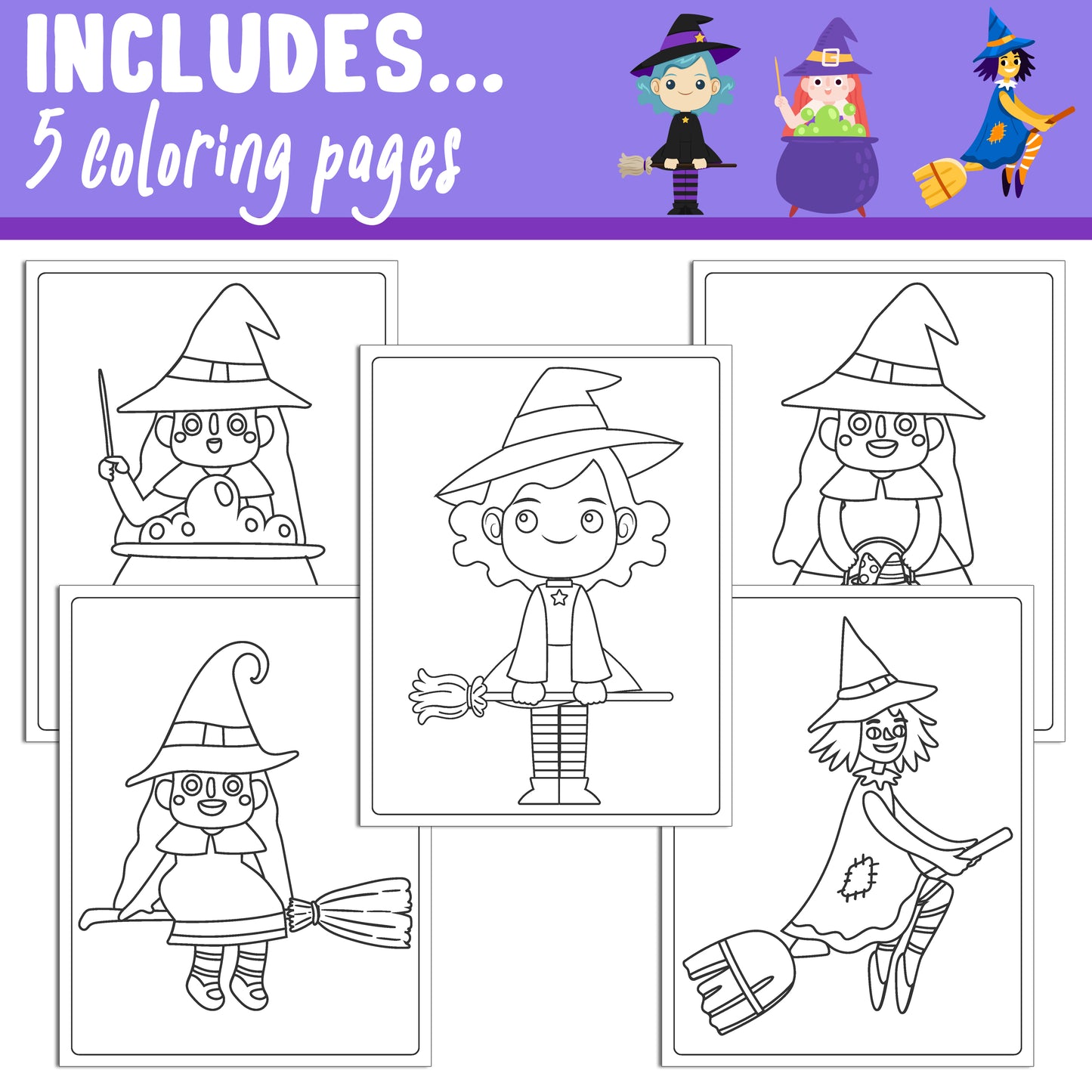 Learn How to Draw a Witch for Kids: Directed Drawing Step by Step Tutorial, Includes 5 Coloring Pages, PDF File, Instant Download.