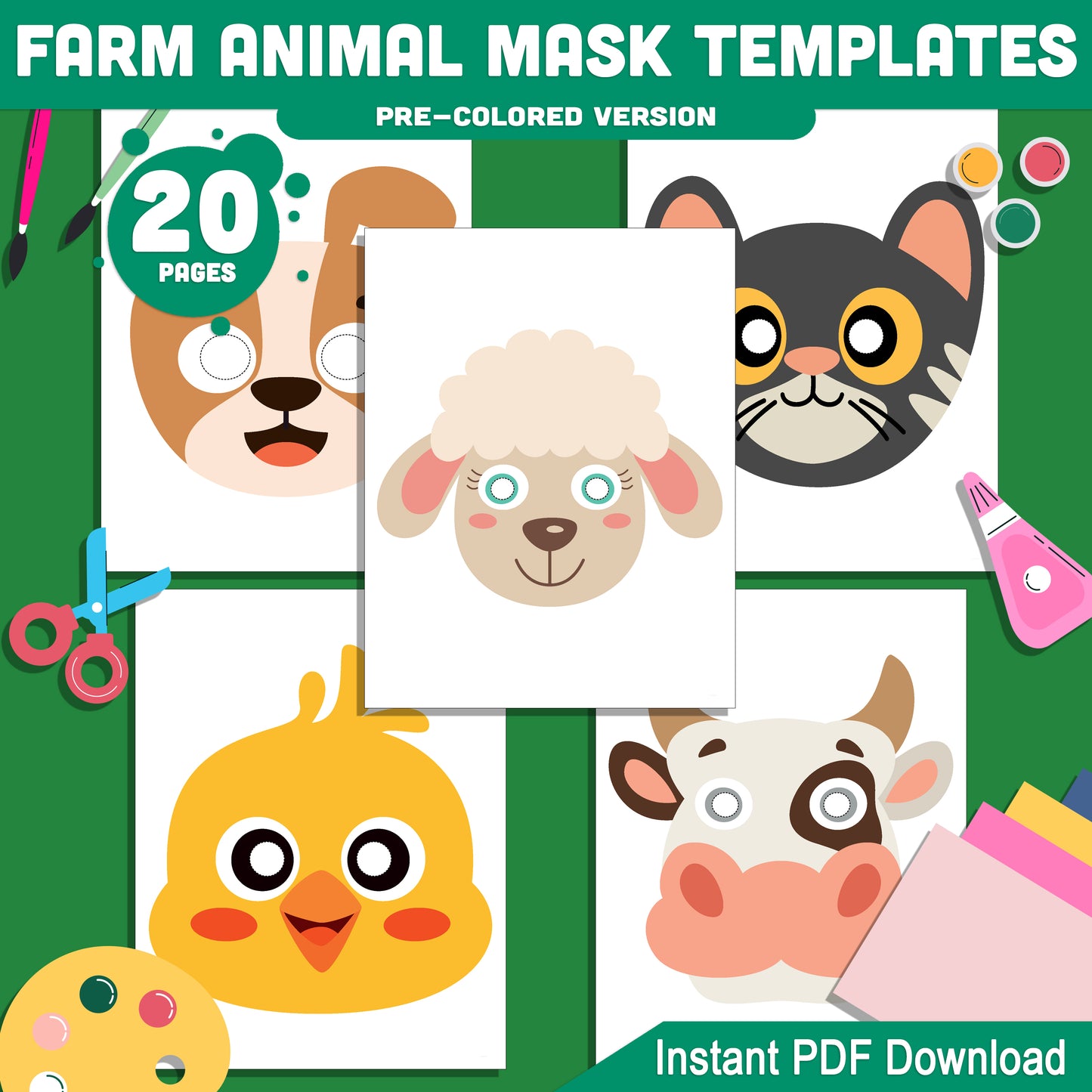 DIY Farm Animal Mask Templates: 20-Page Printable Craft Set, Pre-Colored & Black and White, Perfect for Kids' Costumes, Parties & Classrooms