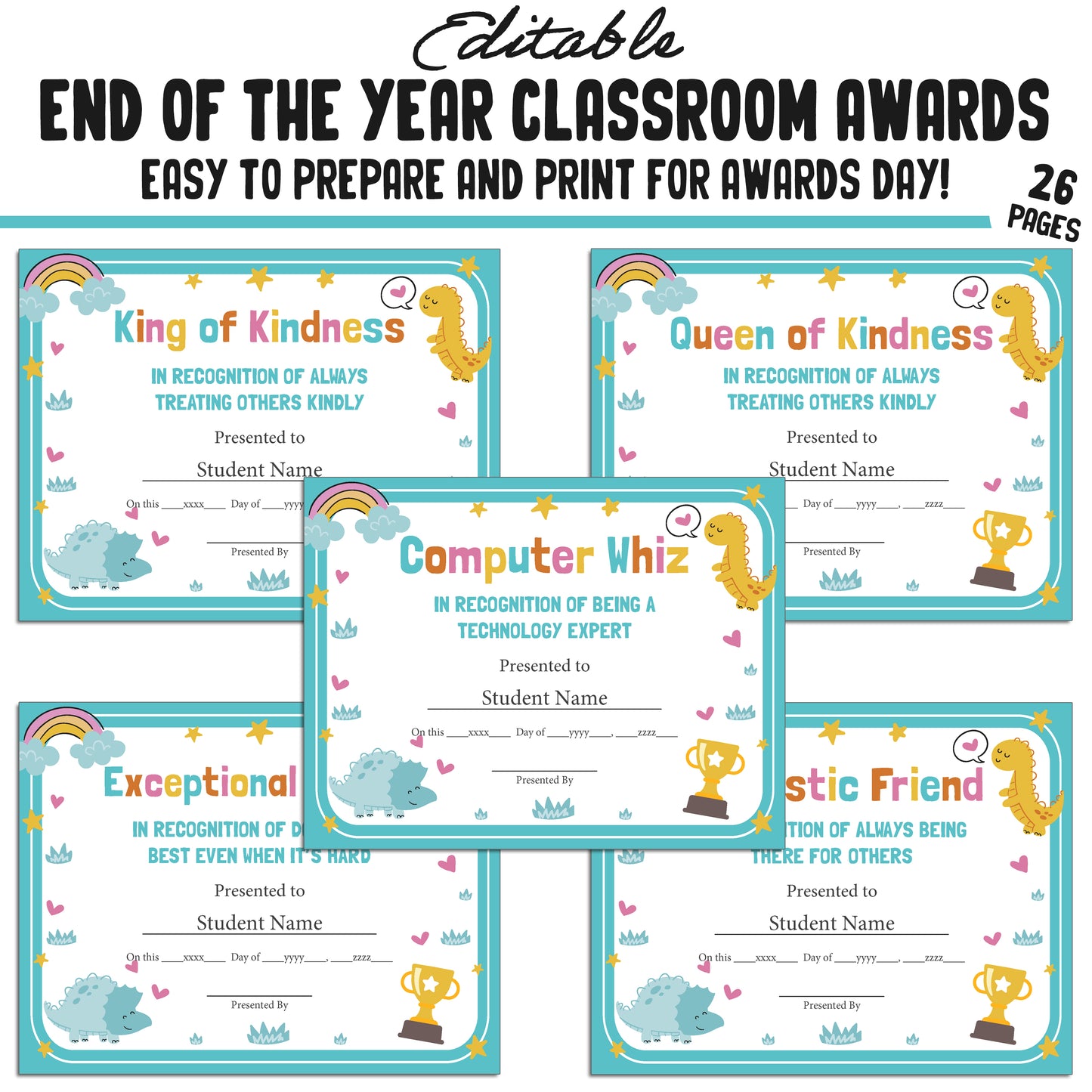 Editable End of Year Class Superlatives Awards Certificates β 26-Page PDF with Adorable Dinosaur Theme β Instant Download