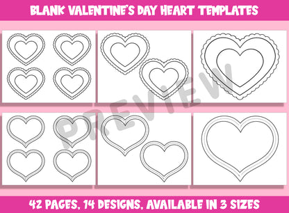 Blank Valentine's Day Heart Templates, Coloring Clipart Bundle, 42 Pages, 14 Designs, Available in 3 Sizes, PDF File, Instant Download
