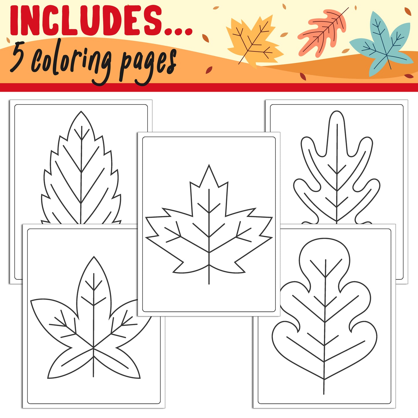 Learn How to Draw a Fall Leaf for Kids: Directed Drawing Step by Step Tutorial, Includes 5 Coloring Pages, PDF File, Instant Download.