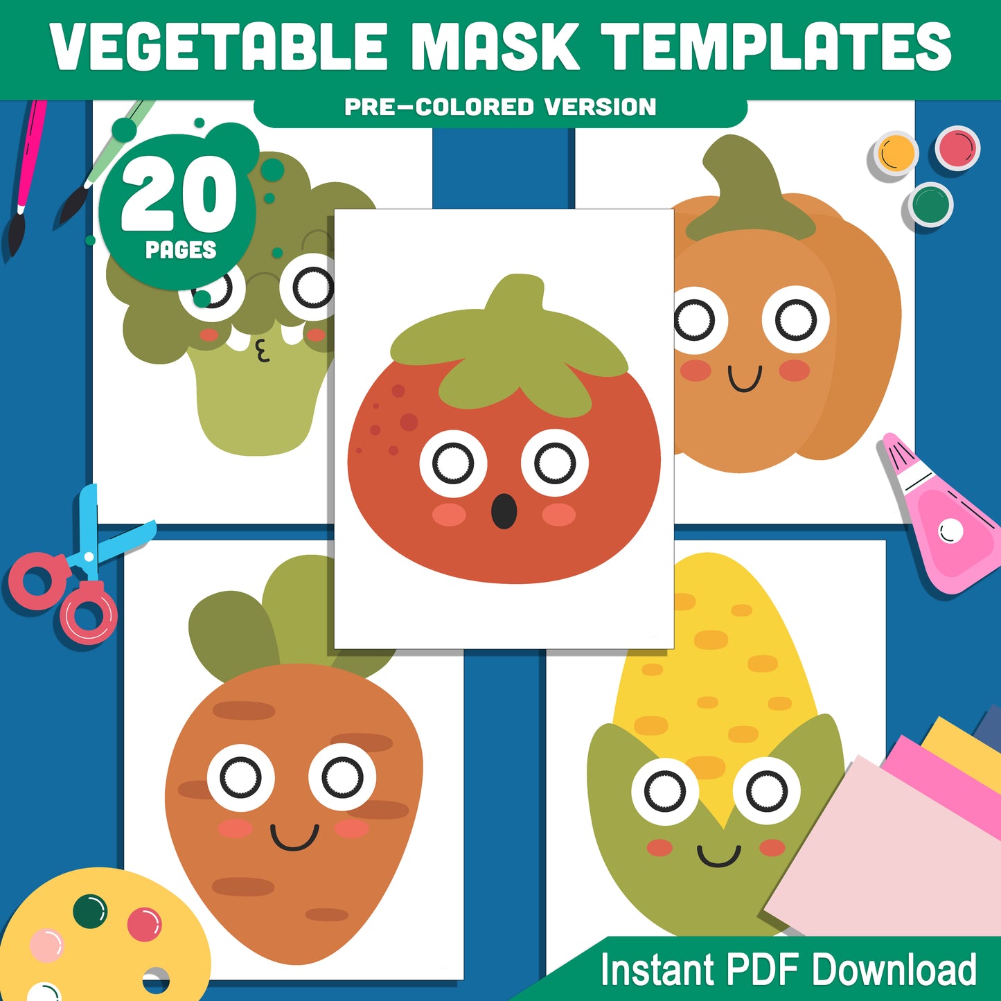 DIY Printable Vegetable Mask Templates: 20 Fun Kids’ Craft Pages, Pre-Colored & Black & White, Featuring Tomato, Broccoli, Bell Pepper, Carrot, Corn, Chili, Radish, Onion, Potato & Chinese Cabbage, Great for Play & Learning, Instant PDF