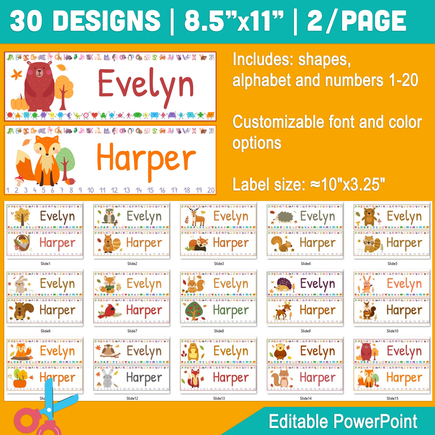 Personalized Fall Desk Name Tags for Students: 30 Adorable Autumn Designs, 8.5"x11" Sheets, 2 Tags Per Page, Size 10"x3.25", Includes Alphabet, Shapes, Numbers 1-20