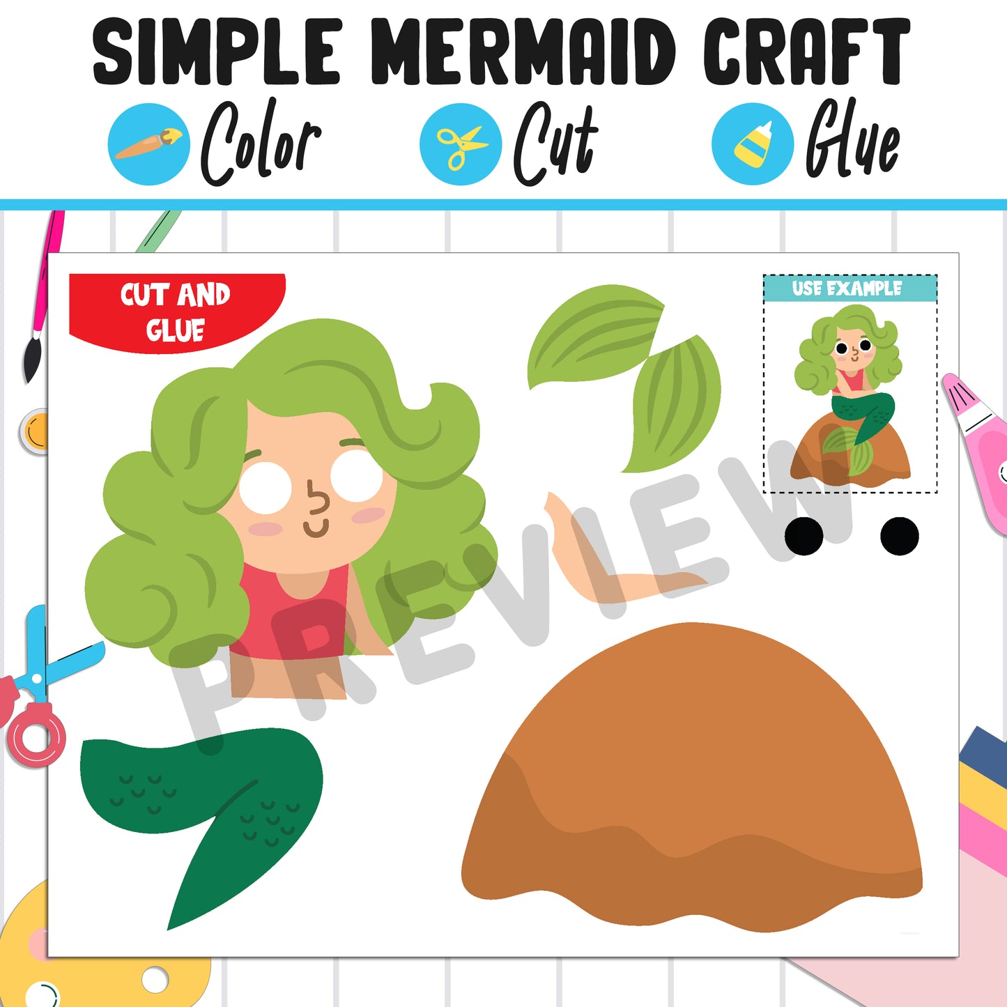 Simple Mermaid Craft for Kids: Color, Cut, and Glue, a Fun Activity for Pre K to 2nd Grade, PDF Instant Download