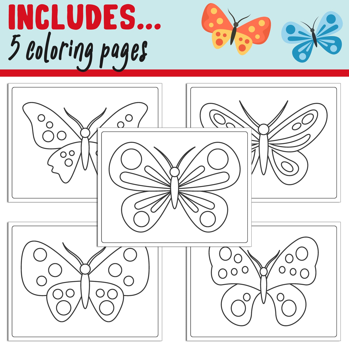 Learn How to Draw a Butterfly for Kids: Directed Drawing Step by Step Tutorial, Includes 5 Coloring Pages, PDF File, Instant Download.