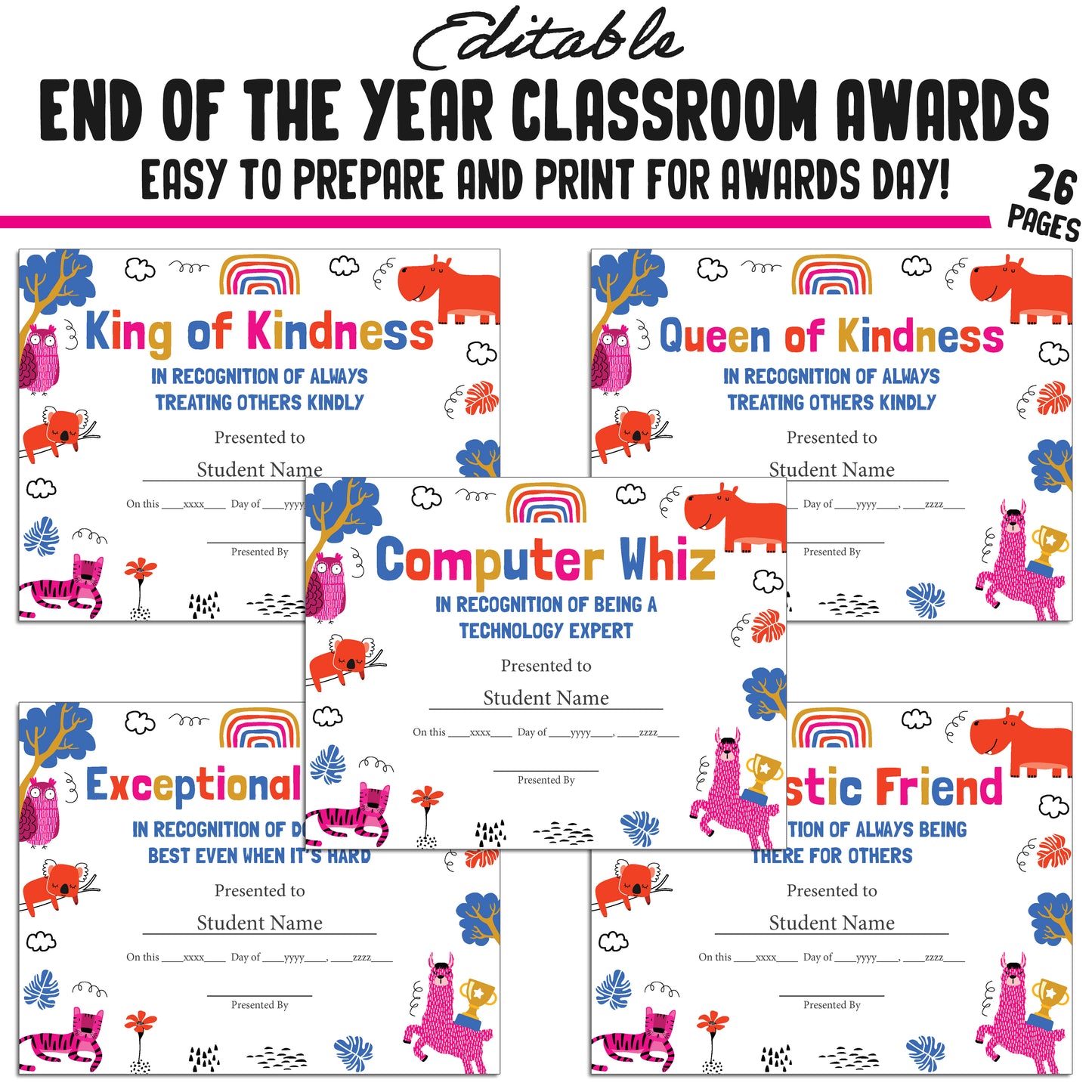 Customizable Classroom Superlatives and Fun End-of-Year Awards β 26-Page PDF with Adorable Animal Theme β Instant Download