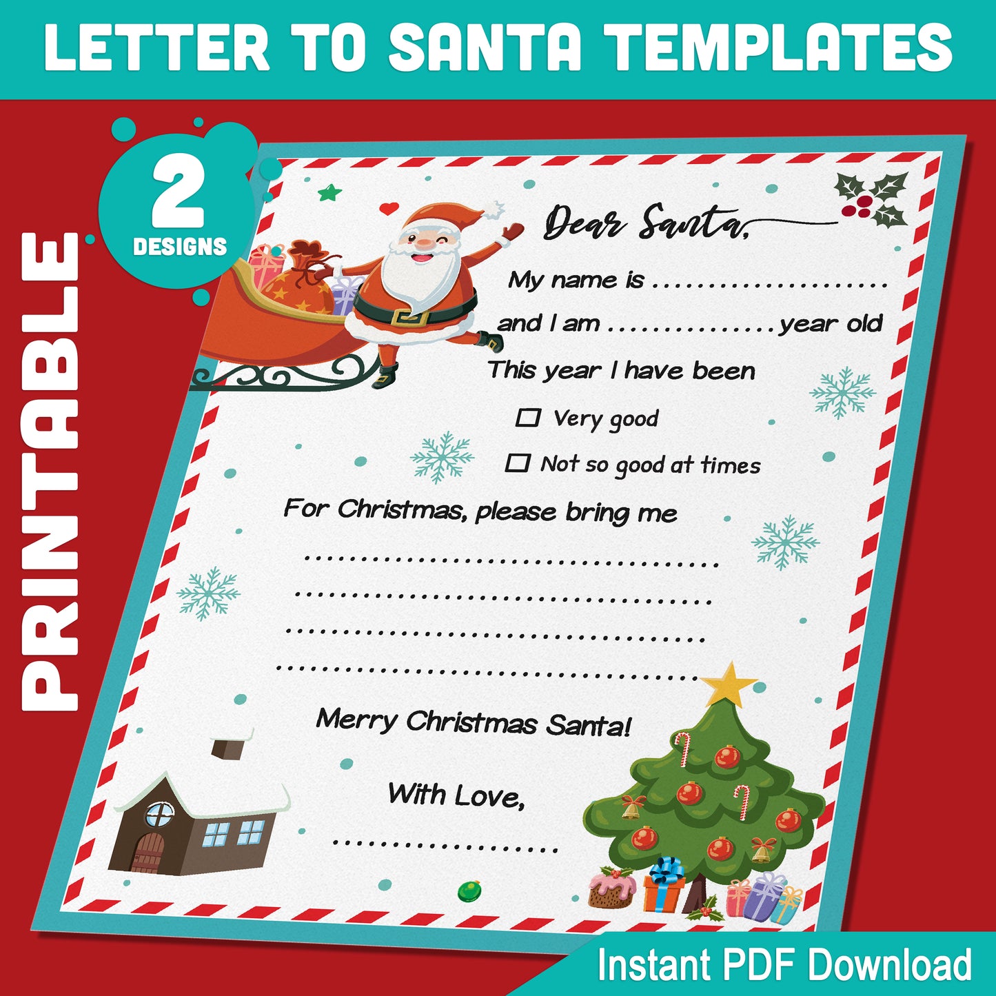 Write a Dear Santa Letter: Christmas Activity Template for Kids, 8.5x11", Fun Family Holiday Writing, PDF Download, Perfect for Boys & Girls