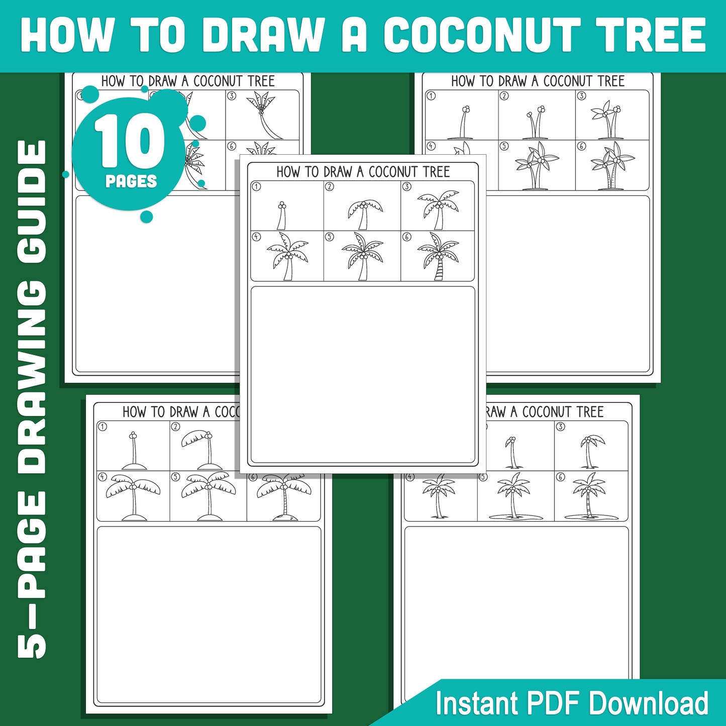 Learn to Draw a Coconut Tree: 6-Step Kids Guide + 5 Coloring Pages, Fun and Creative Activity for Nature Fans, Perfect for Boys and Girls, PDF Download
