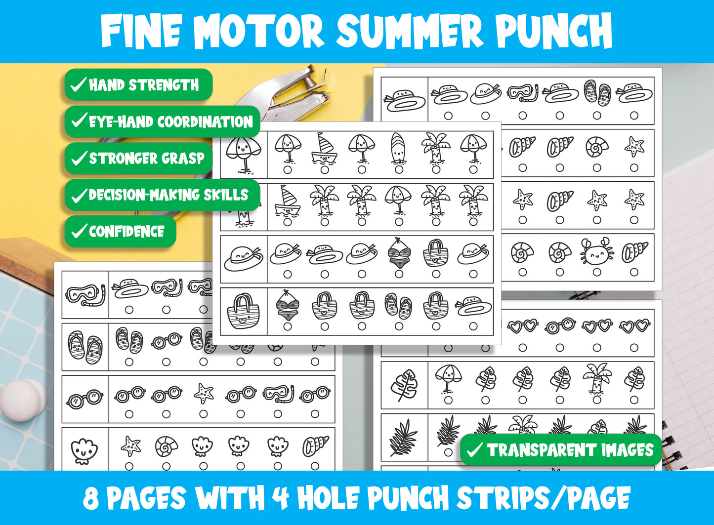 Fine Motor Summer Punch, Summer Time Hole Punch Activities for Task Boxes & Tubs, 8 Pages, 4 Strips/Page, PDF File, Instant Download.