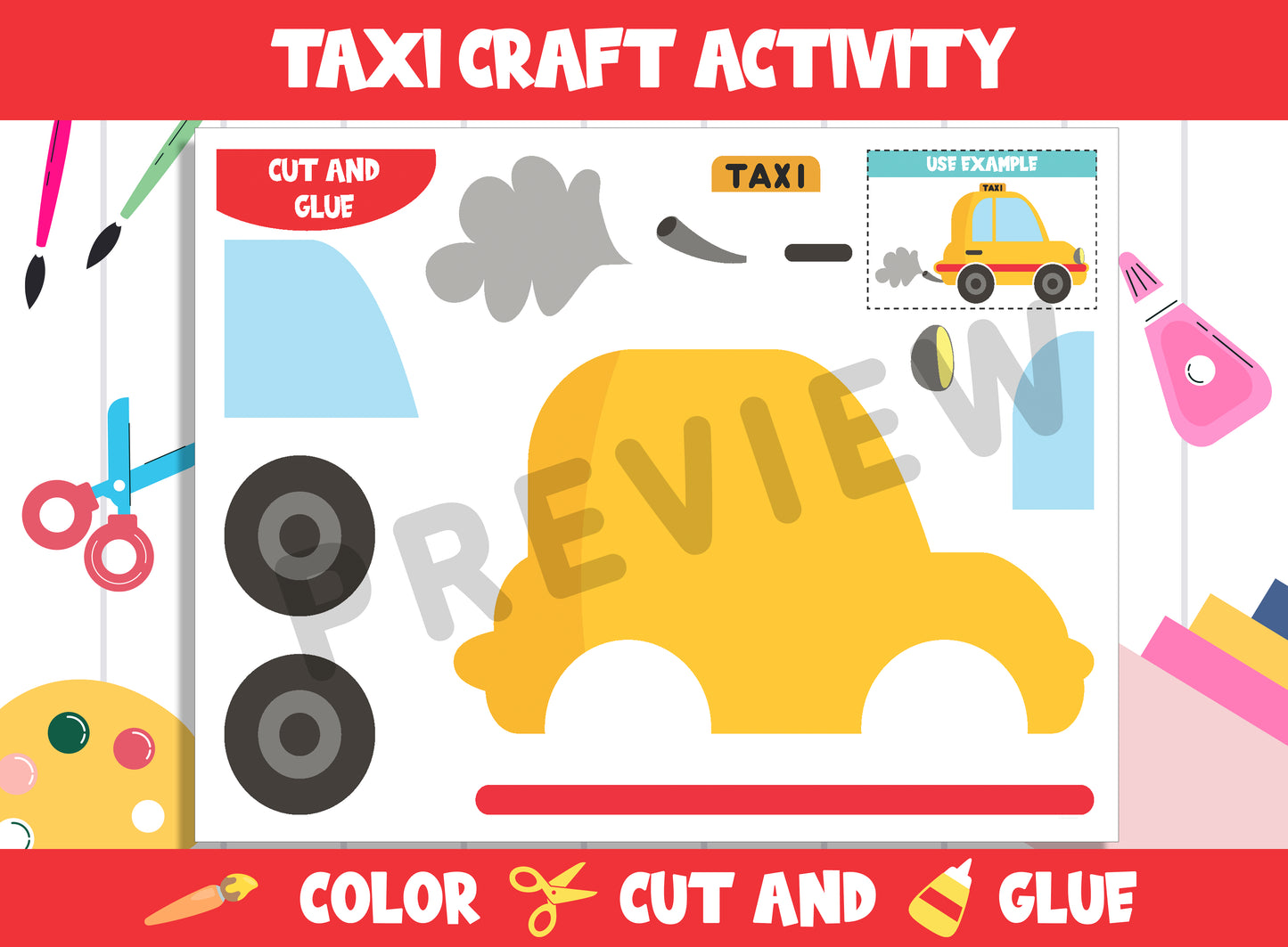 Cute Vehicle Craft Activity - Taxi : Color, Cut, and Glue for PreK to 2nd Grade, PDF File, Instant Download