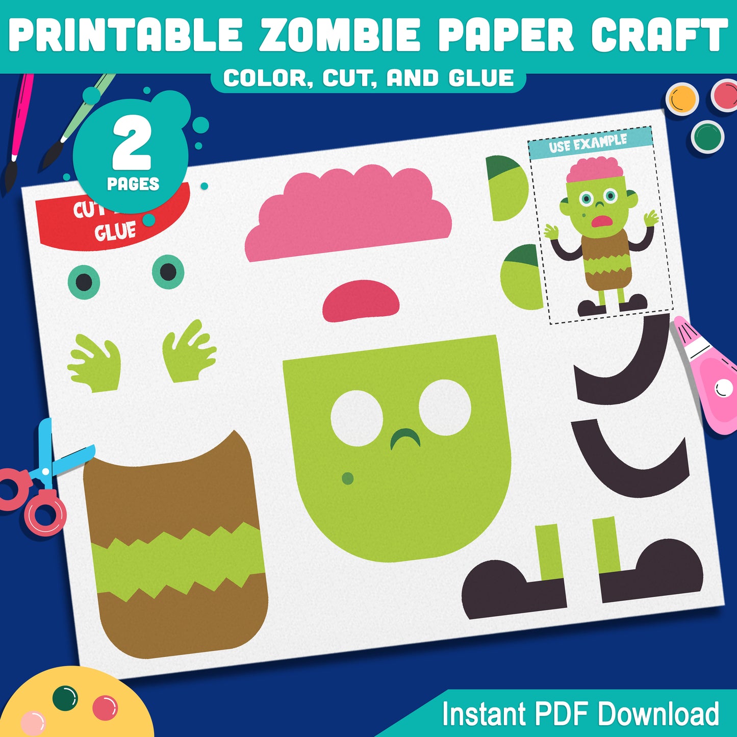 Printable Zombie Paper Craft for Kids – Fun Color, Cut & Glue Activity for Preschool, Pre-K, Kindergarten, Includes Pre-Colored & Black & White