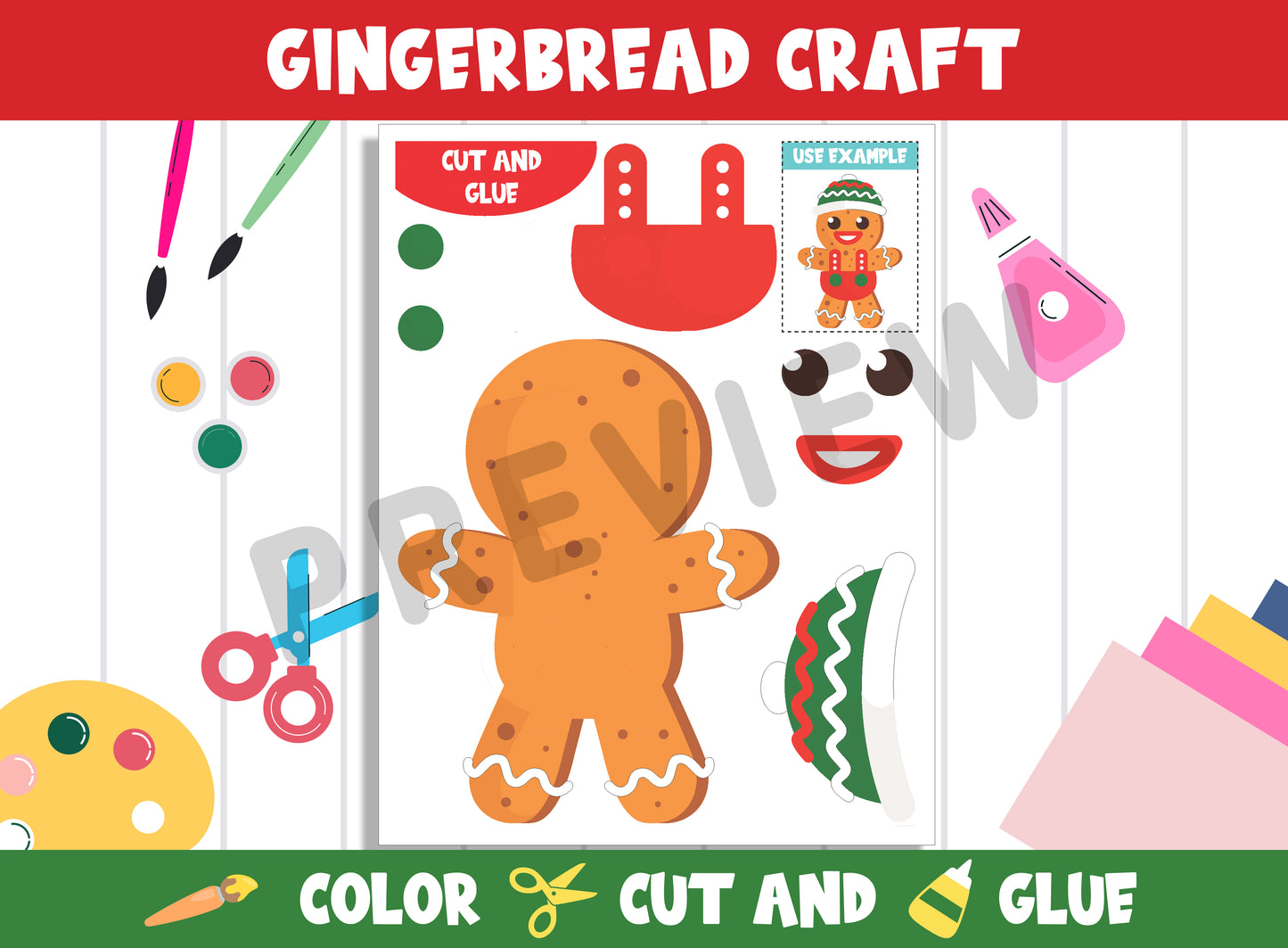 Kindergarten Gingerbread Craft: Color, Cut, and Glue Kit, PDF File, Instant Download