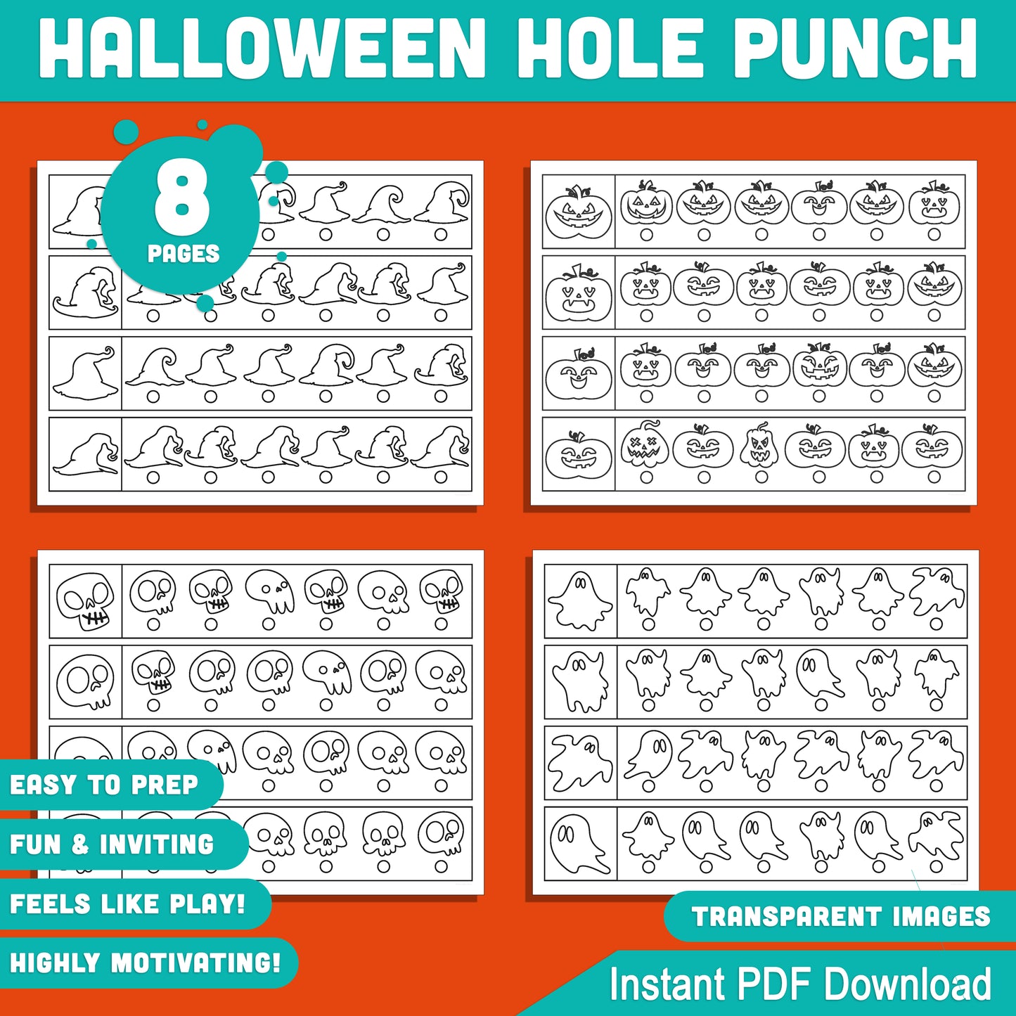 Halloween Hole Punch Activity: Cute and Fun Fine Motor Skills Development for Kids, 8 Pages with 4 Strips per Page, PDF Instant Download