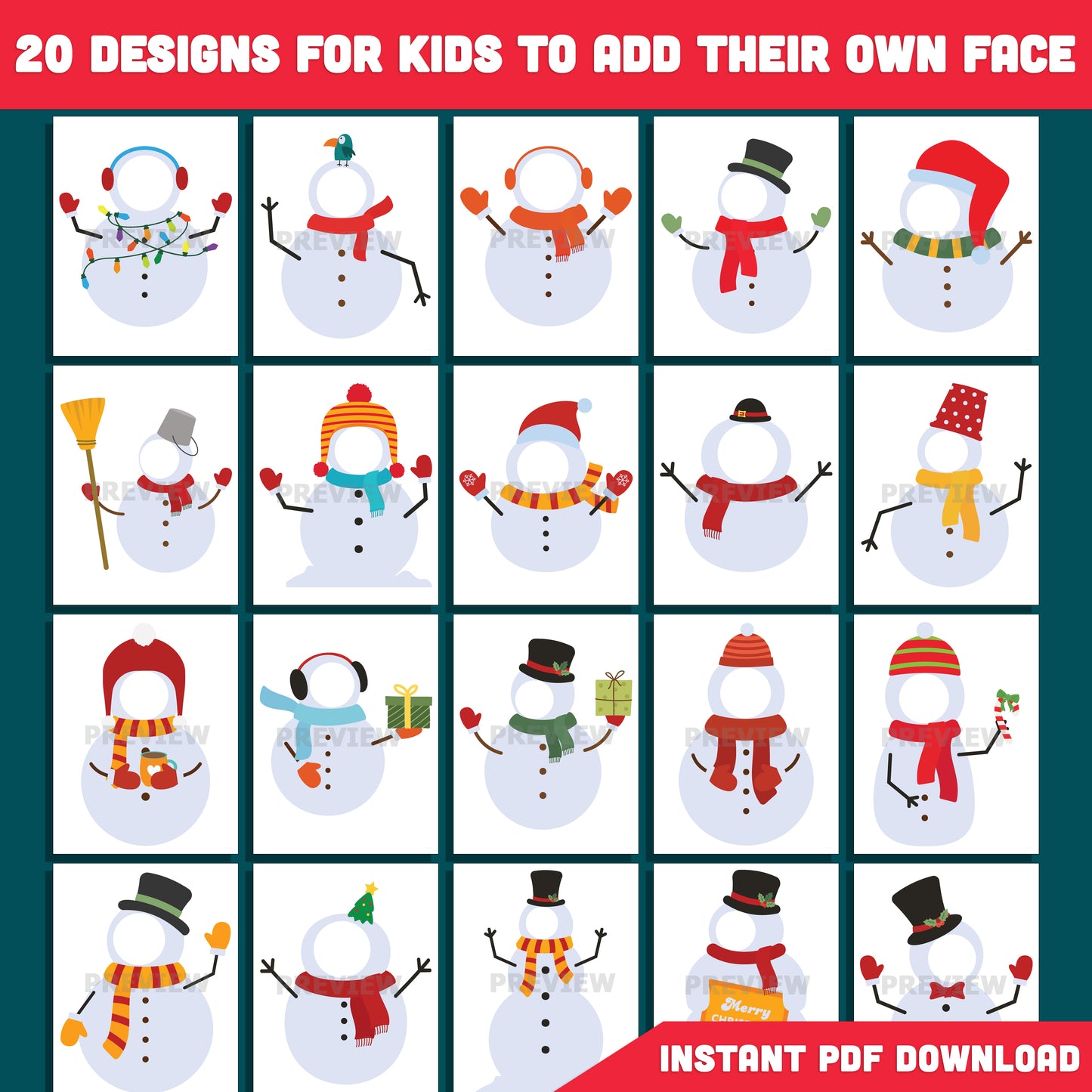 Printable Snowman Body Templates for Kids, 20 Winter “Add Your Face” Designs, Perfect for School, Party, or Home Craft, PDF + PNG Files