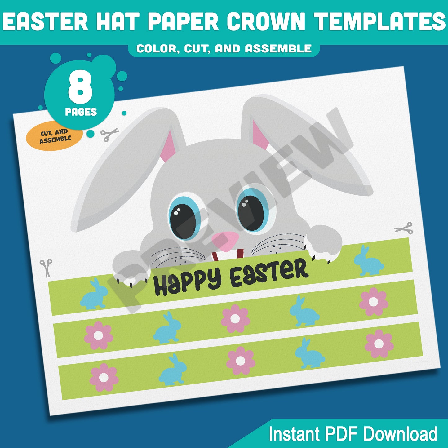DIY Easter Hat Paper Crown, 8-Page Printable Kids Craft with 4 Fun Headband Designs, Bunny & Chick Theme, Pre-Colored & Coloring Options.