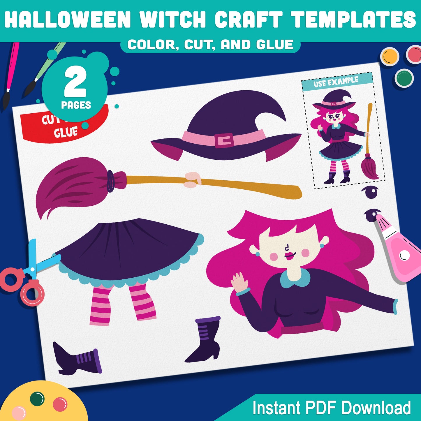 Printable Halloween Witch Craft Templates, October Fall Craft, Color Cut and Glue, Perfect for Parents, Teachers, Preschool, Pre-K, Kindergarten