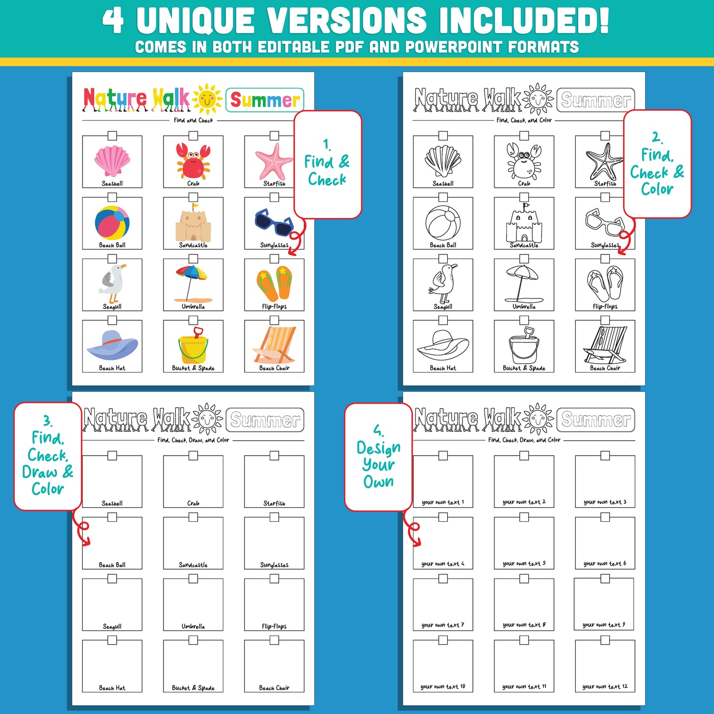 Editable Beach Scavenger Hunt for Kids – 4 Fun Versions for Outdoor Learning, PDF + PPT, Great for Summer Nature Exploration
