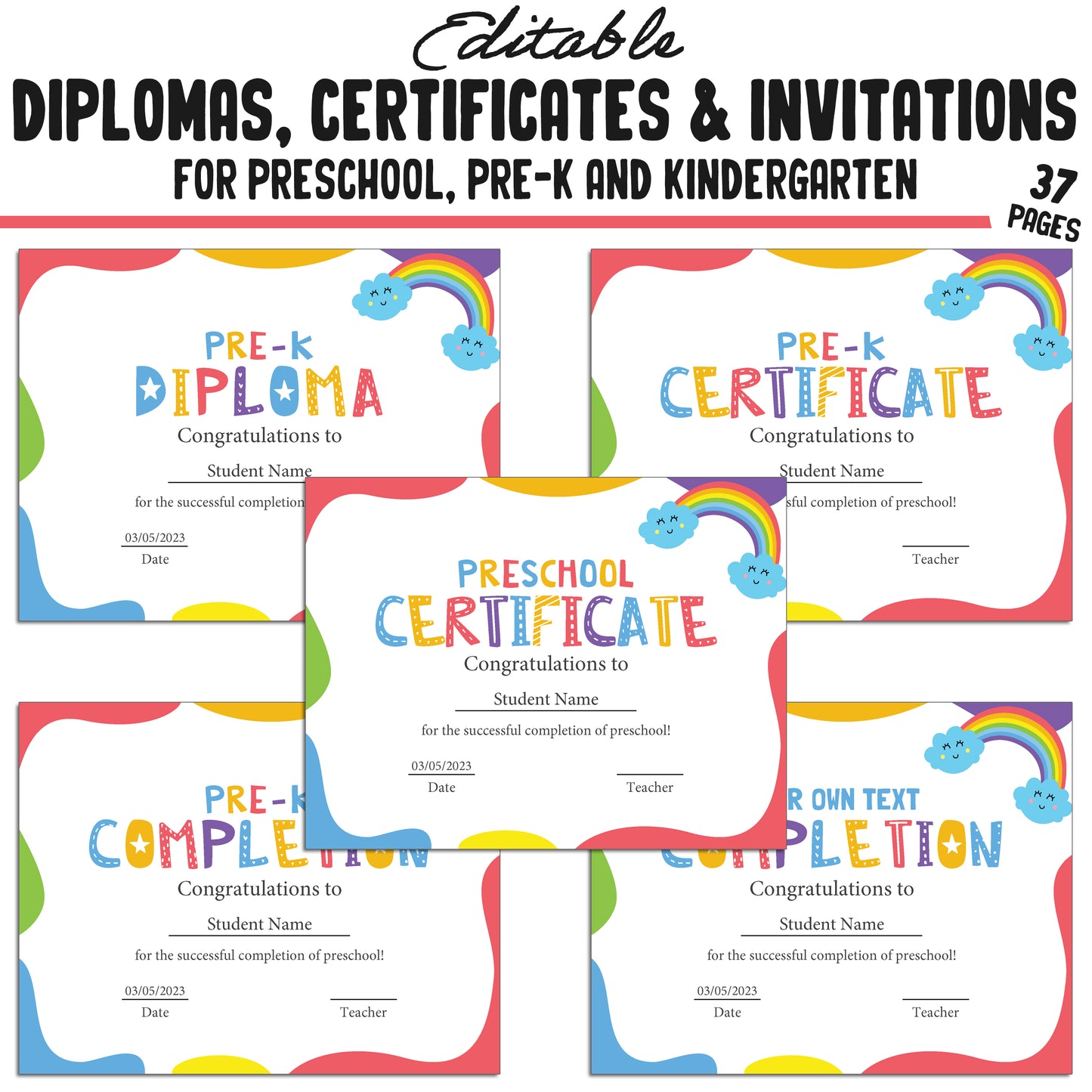37 Editable Kindergarten, Pre-K, and Preschool Diplomas, Certificates of Completion, and Invitations β Instant PDF Download!