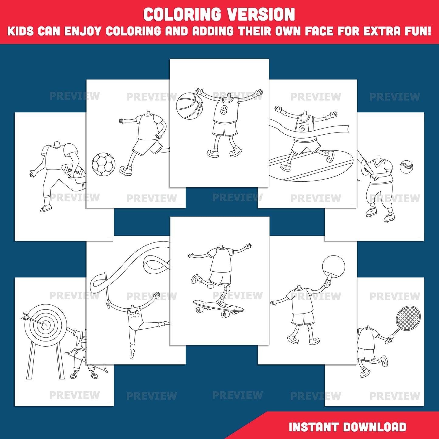 Put Your Own Face on Sports Players, Kid Sports Body Clipart Templates, Personalized Athlete Coloring Pages, PDF Download