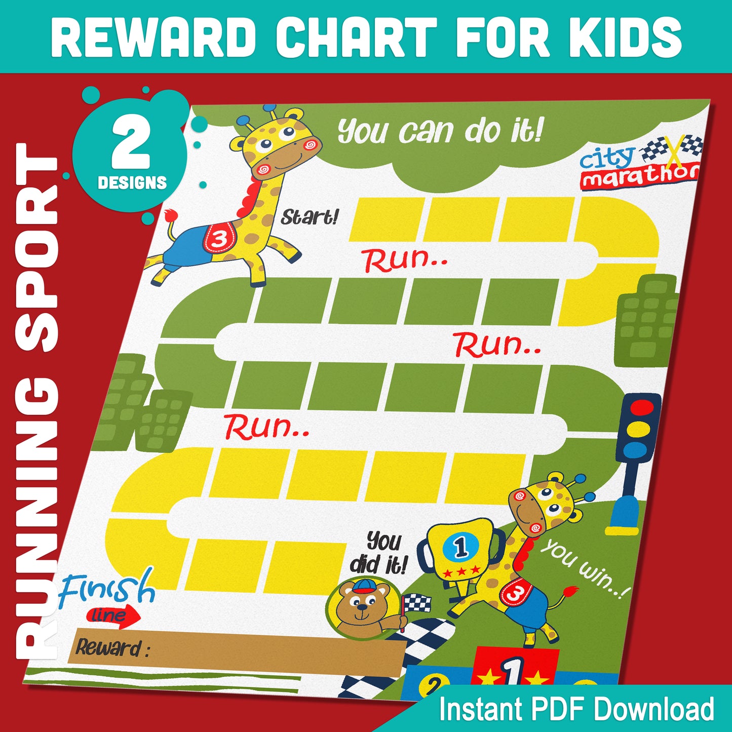 Motivational Running Sport Reward Chart: 2 Dynamic Designs for Kids' Organization & Success, 8.5x11 Inches, PDF Instant Download