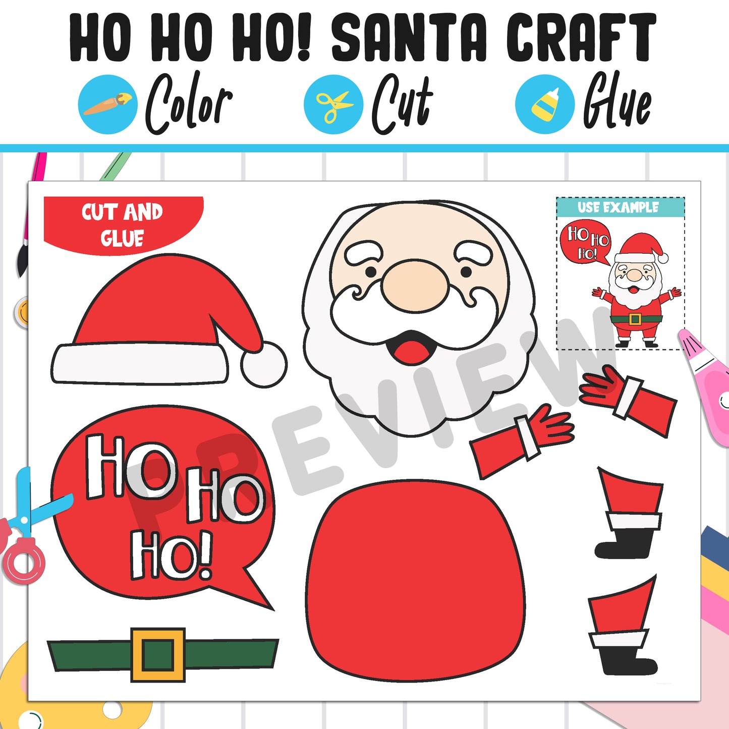 Ho Ho Ho! Santa Craft Template: Fun Christmas Activity for Kids, Color, Cut, and Glue, Pre K to 2nd Grade, PDF Instant Download