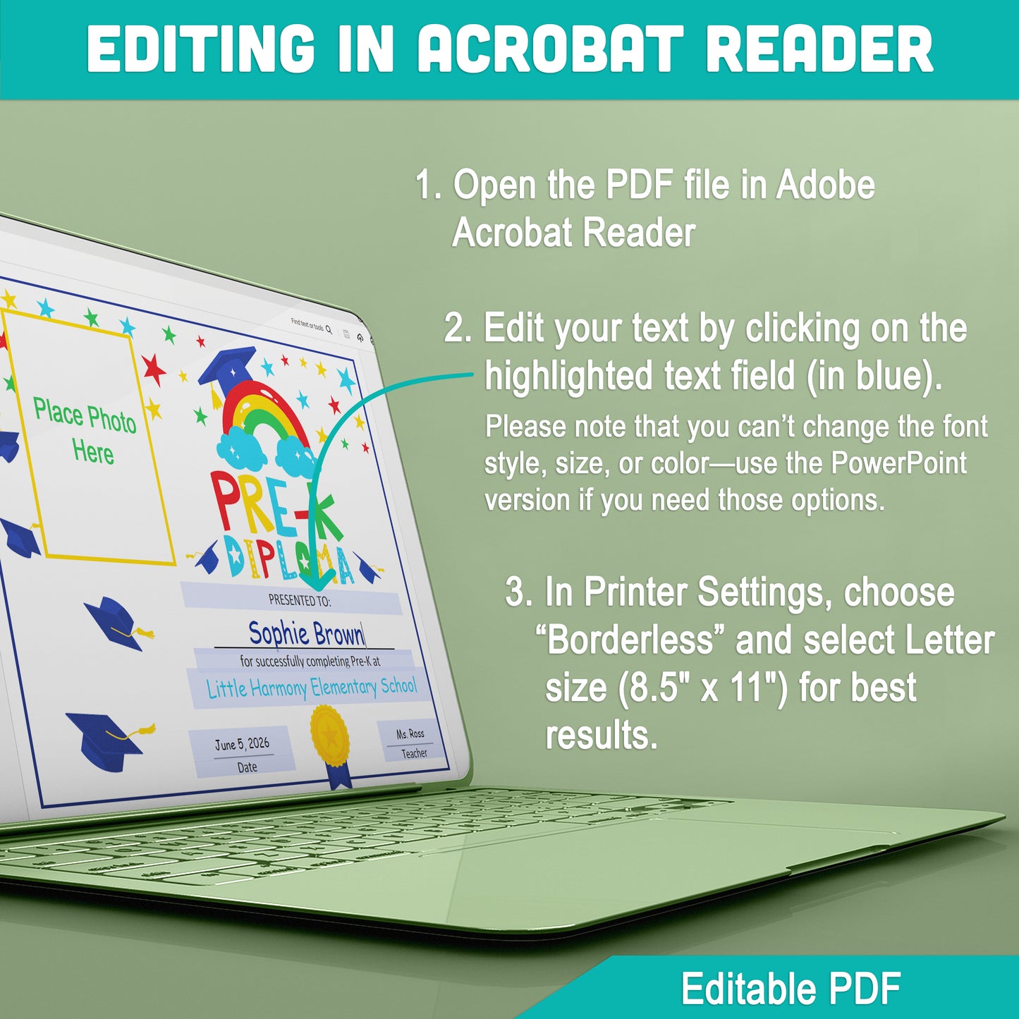 Editable Pre-K Diploma with Photo: Customizable Letter Size PDF + PowerPoint, Perfect for Graduation and End of Year Celebrations