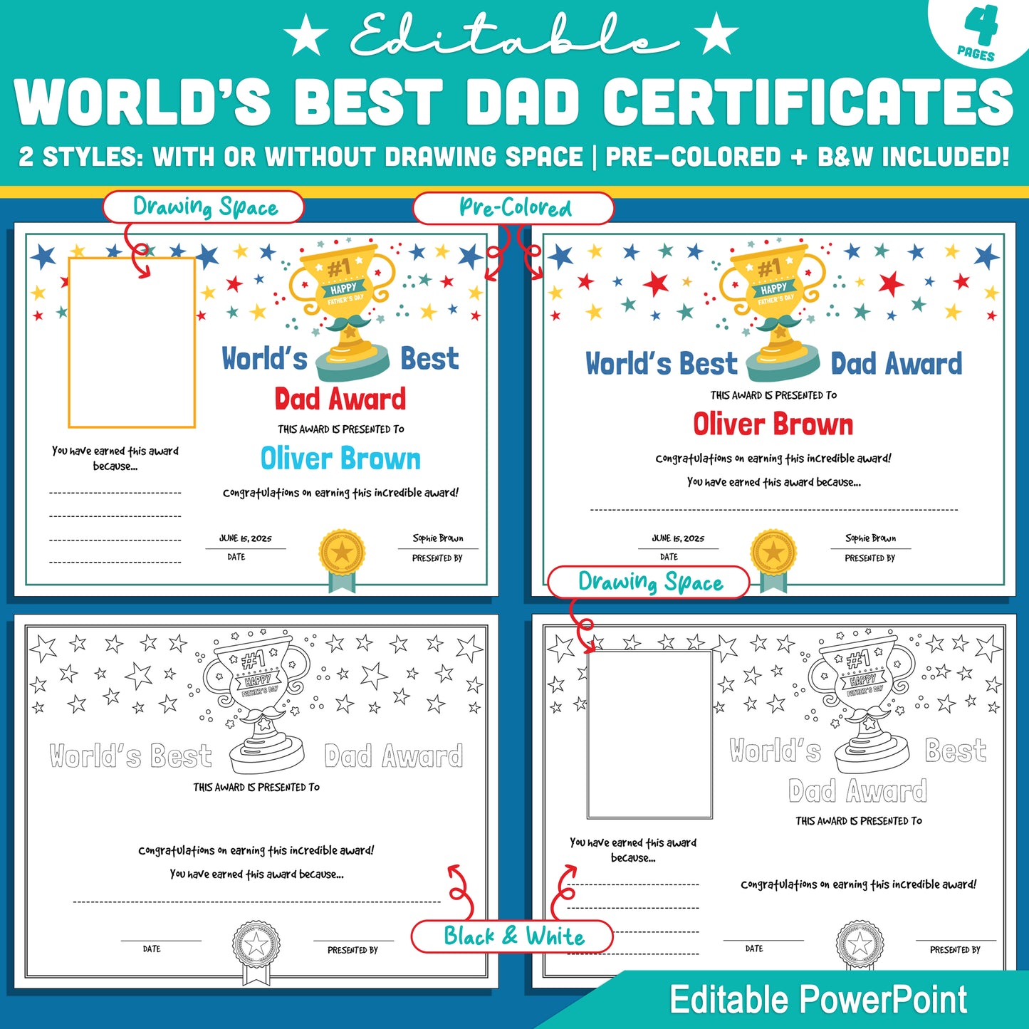 Fun Father’s Day Awards Certificates – World’s Best Dad Editable PowerPoint, 2 Versions: Color + B&W, Drawing Frame Options, 8.5x11 Inches
