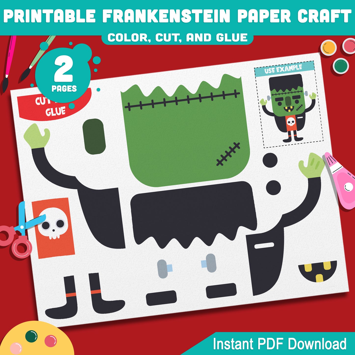 Printable Frankenstein Paper Craft for Preschool, Pre-K, Kindergarten, Fun October Halloween Color Cut and Glue Activity, 2 Pages PDF Download