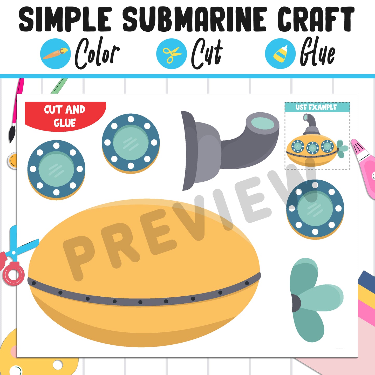 Simple Submarine Craft for Kids: Color, Cut, and Glue, a Fun Activity for Pre K to 2nd Grade, PDF Instant Download